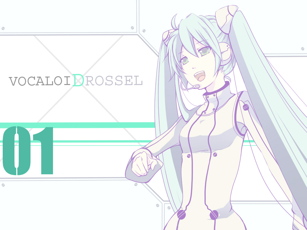 rirakumo, drossel von flugel, hatsune miku, disney, fireball (series), vocaloid, bad id, bad pixiv id, 1girl, aqua eyes, aqua hair, bodysuit, cosplay, drossel von flugel (cosplay), female focus, headphones, headset, long hair, pale color, smile, solo, twintails, very long hair