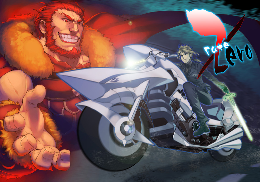 sami (object dump), artoria pendragon (fate), iskandar (fate), saber (fate), fate/stay night, fate/zero, fate (series), vehicle, 00s, 1boy, 1girl, androgynous, armor, beard, cape, excalibur (fate/stay night), facial hair, formal clothes, motor vehicle, motorcycle, pant suit, pants, red hair, reverse trap, suit, sword, weapon