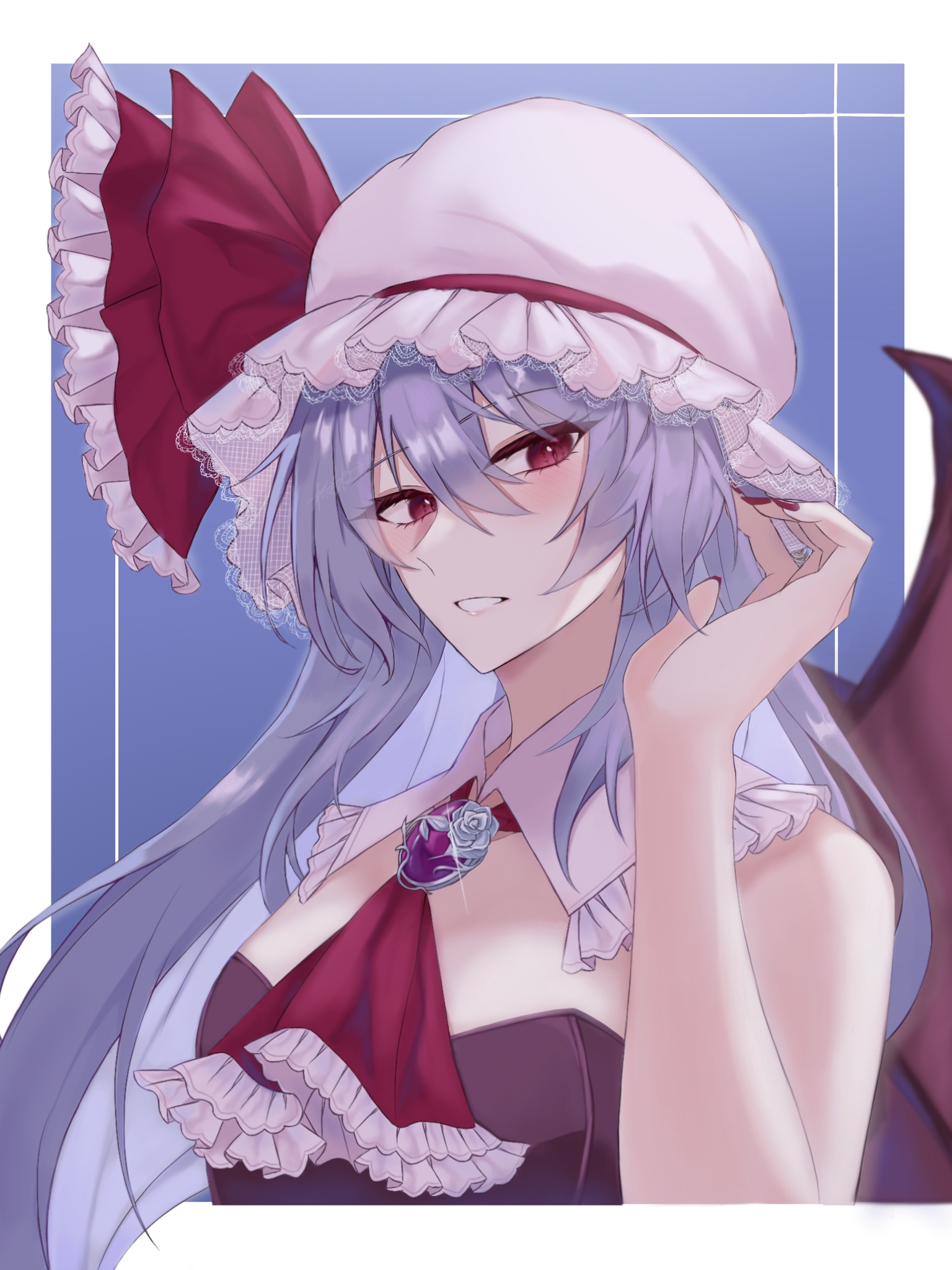 remilia scarlet, touhou, commentary request, highres, 1girl, aged up, alternate hair length, alternate hairstyle, ascot, bare shoulders, bat wings, black leotard, blue gemstone, breasts, brooch, collar, detached collar, frilled ascot, frilled collar, frilled hat, frills, gem, hair between eyes, hand up, hat, hat ribbon, jewelry, lace-trimmed headwear, lace trim, leotard, long hair, looking at viewer, medium breasts, mob cap, nail polish, parted lips, purple hair, red ascot, red eyes, red nails, red ribbon, remonedo (user mxej3824), ribbon, smile, solo, very long hair, white hat, wings