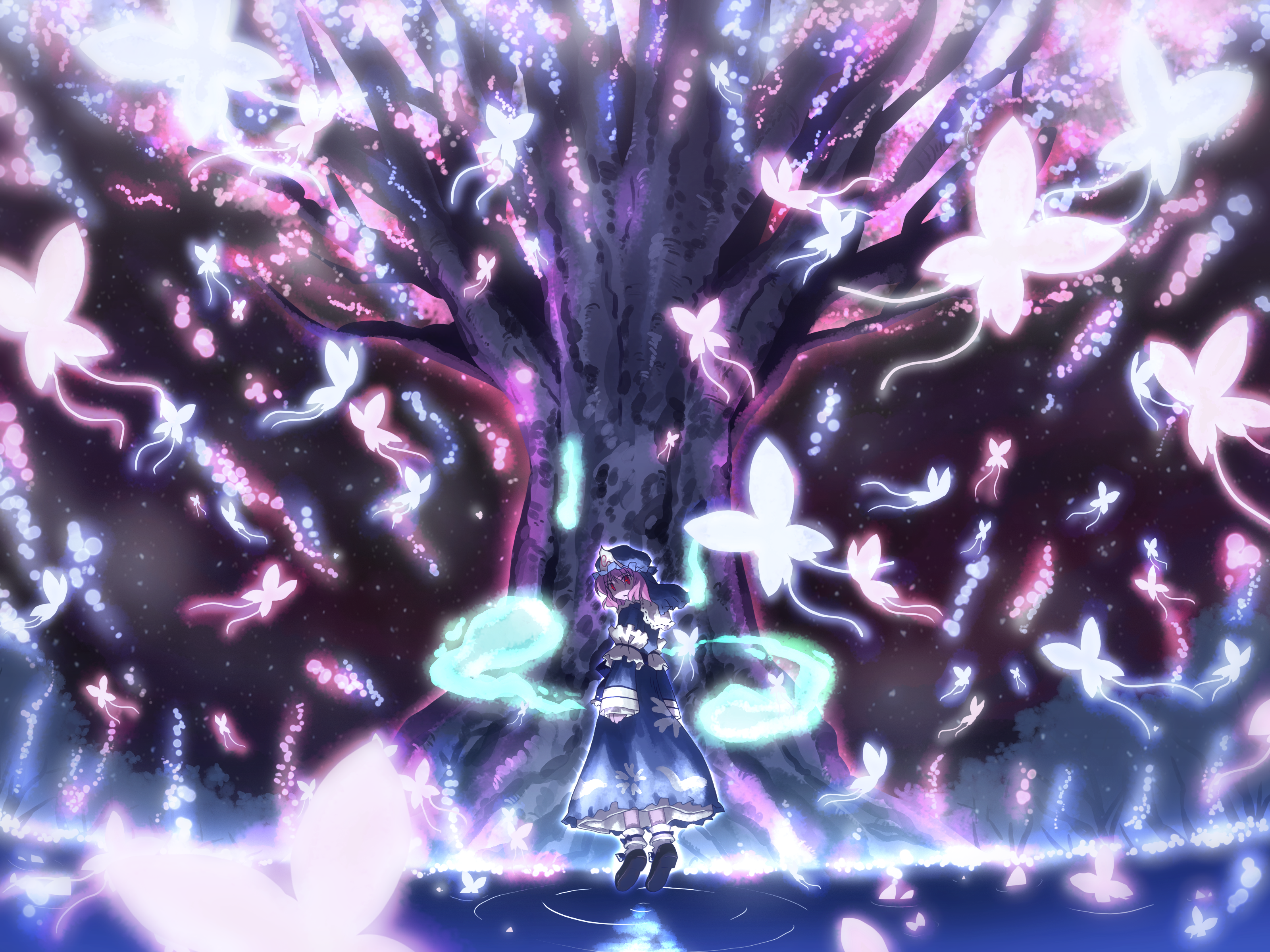 yuuki tatsuya, saigyou ayakashi, saigyouji yuyuko, touhou, absurdres, highres, md5 mismatch, resolution mismatch, source smaller, 1girl, bug, butterfly, female focus, floating, hitodama, insect, looking at viewer, looking back, pink hair, red eyes, short hair, solo, tree