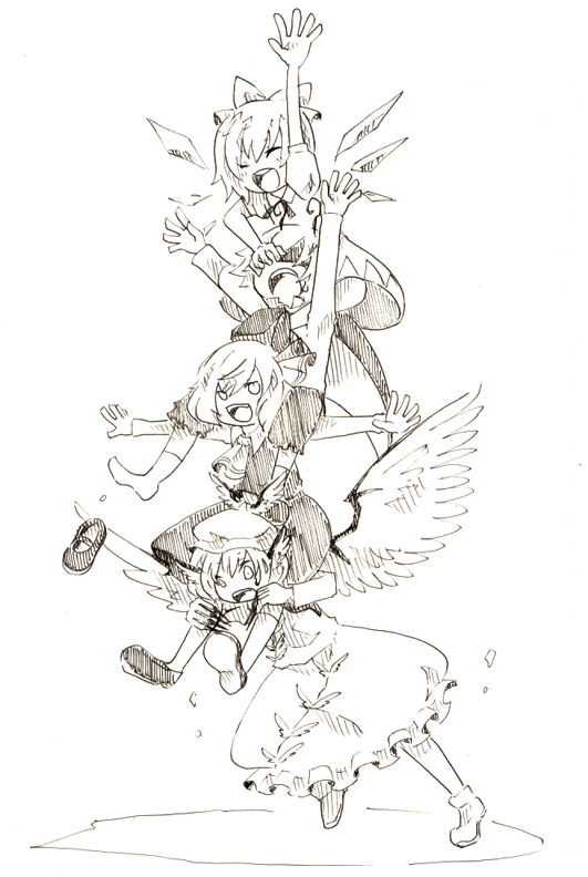 yaguchi, cirno, mystia lorelei, rumia, wriggle nightbug, touhou, 4girls, greyscale, human tower, monochrome, multiple girls, stacking, team 9 (touhou)