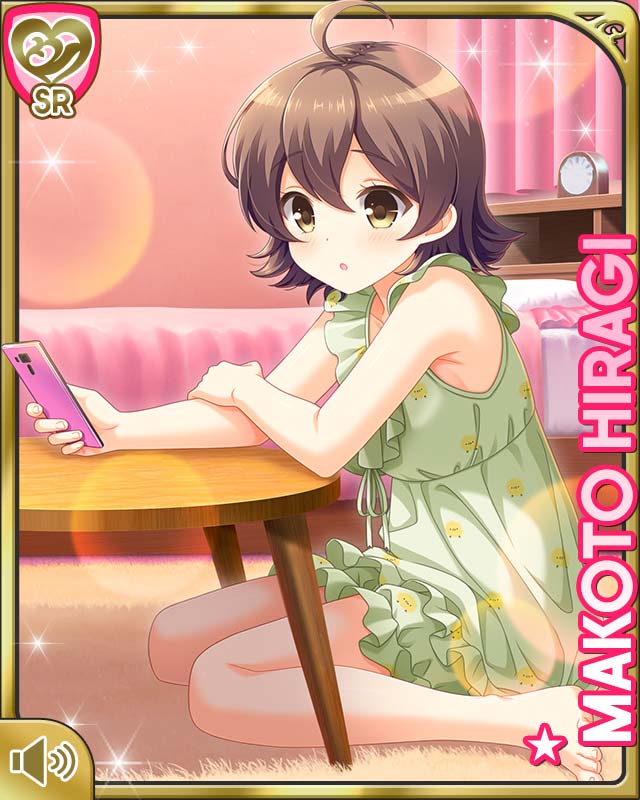 qp:flapper, hiragi makoto (girlfriend (kari)), girlfriend (kari), official art, 1girl, :o, ahoge, bed, bedroom, brown eyes, brown hair, card (medium), character name, collarbone, dress, green dress, indoors, kneeling, mobile phone, open mouth, short hair, sleepwear, solo