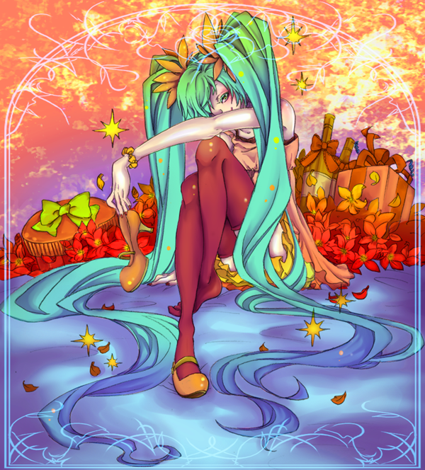katsu ryouji, hatsune miku, vocaloid, world is mine (vocaloid), bad id, bad pixiv id, 1girl, aqua eyes, blue hair, bottle, female focus, flower, gift, gradient hair, green hair, hair ribbon, holding, holding gift, long hair, multicolored hair, petals, ribbon, shoes, single shoe, sitting, skirt, smile, solo, thighhighs, twintails, very long hair, zettai ryouiki