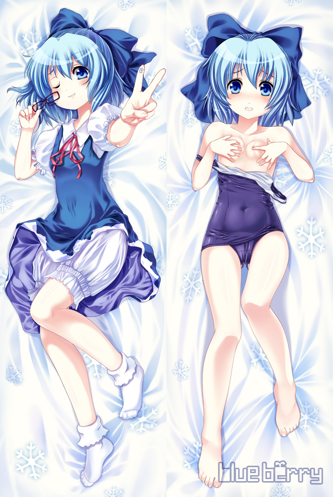 bluetheater, cirno, embodiment of scarlet devil, touhou, 1girl, barefoot, bed, bespectacled, blue eyes, blue hair, circled 9, clothes pull, covering breasts, covering privates, dakimakura (medium), feet, flat chest, glasses, holding, holding removed eyewear, legs, loli, lying, multiple views, one-piece swimsuit, one-piece swimsuit pull, school swimsuit, shiny clothes, short hair, socks, swimsuit, unworn eyewear, v