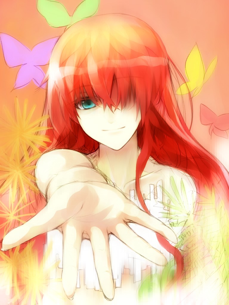 hara takehito, megurine luka, vocaloid, wander last (vocaloid), bad id, bad pixiv id, 1girl, aqua eyes, bug, butterfly, female focus, foreshortening, hair over one eye, insect, long hair, nude, red hair, sketch, smile, solo