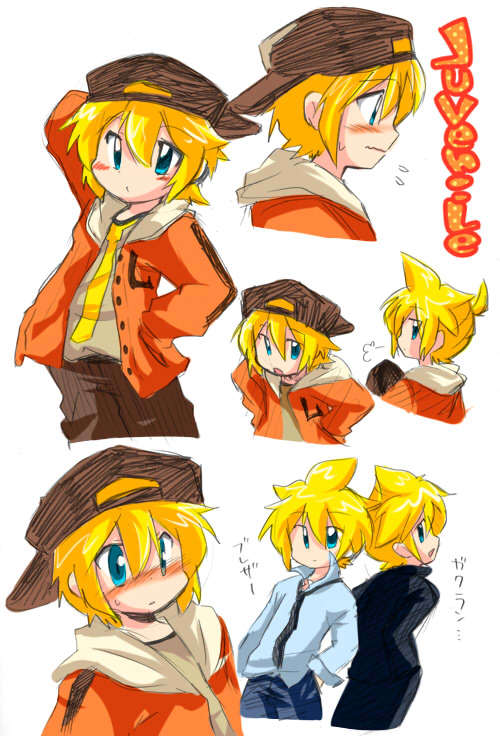 eromame, sayaendou (pixiv46983), kagamine len, juvenile (vocaloid), vocaloid, bad id, bad pixiv id, 1boy, baseball cap, blonde hair, blue eyes, blush, casual, hat, hood, hoodie, male focus, necktie, school uniform, short hair