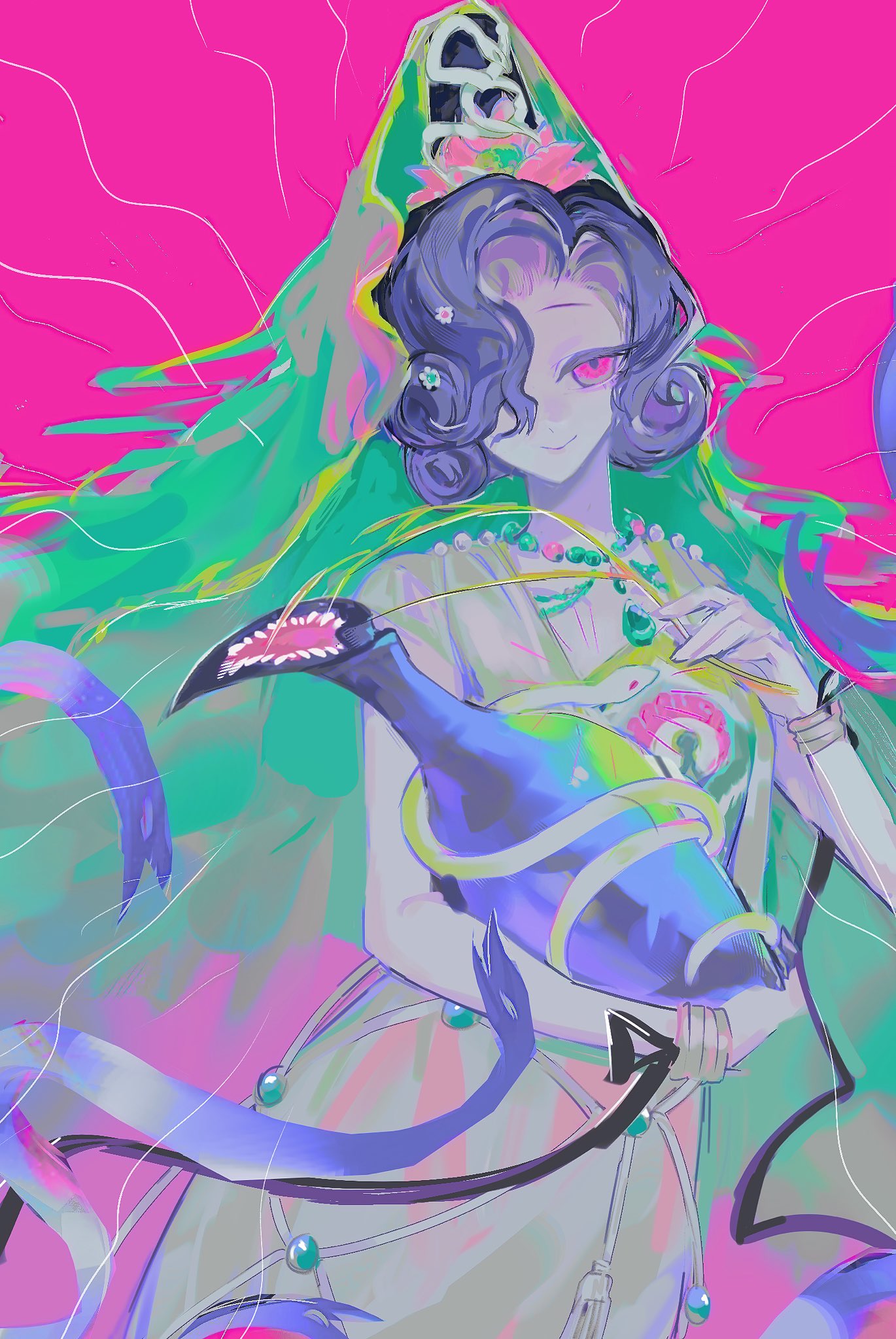 tuesday (reverse:1999), tuesday (story of the jade vase) (reverse:1999), reverse:1999, commentary request, highres, 1girl, black hair, bottle, branch, closed mouth, dress, hair ornament, hair over one eye, holding, holding bottle, holding branch, jewelry, looking at viewer, lotus hair ornament, necklace, official alternate costume, one eye covered, pink background, pink eyes, short hair, sleeveless, sleeveless dress, smile, snake, snake hair ornament, solo, tuwo xiongchao, upper body, white dress