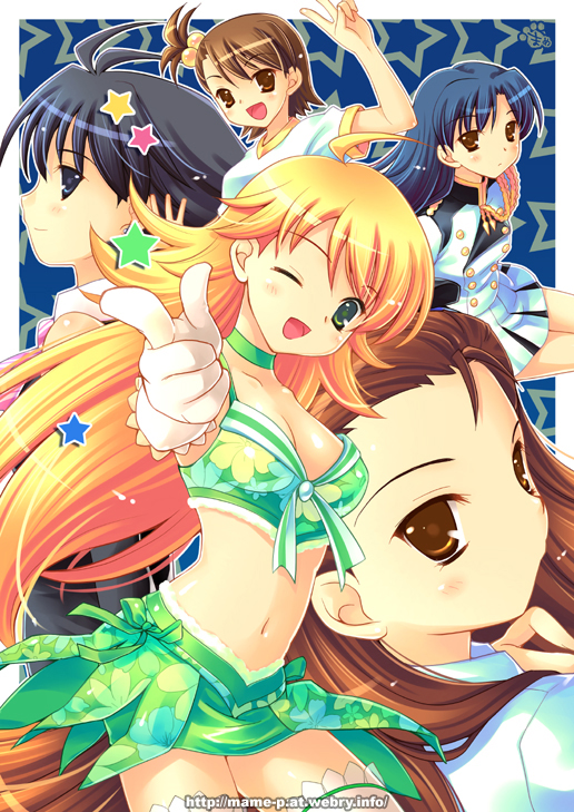 mame-p, futami ami, hoshii miki, kikuchi makoto, kisaragi chihaya, minase iori, idolmaster, idolmaster (classic), frilled legwear, uniform, bad id, bad pixiv id, 00s, 5girls, black hair, blonde hair, blue eyes, blue hair, brown eyes, brown hair, choker, cute & girly (idolmaster), foreshortening, gloves, green eyes, long hair, multiple girls, one eye closed, short hair, side ponytail, skirt, star (symbol), white gloves, wink