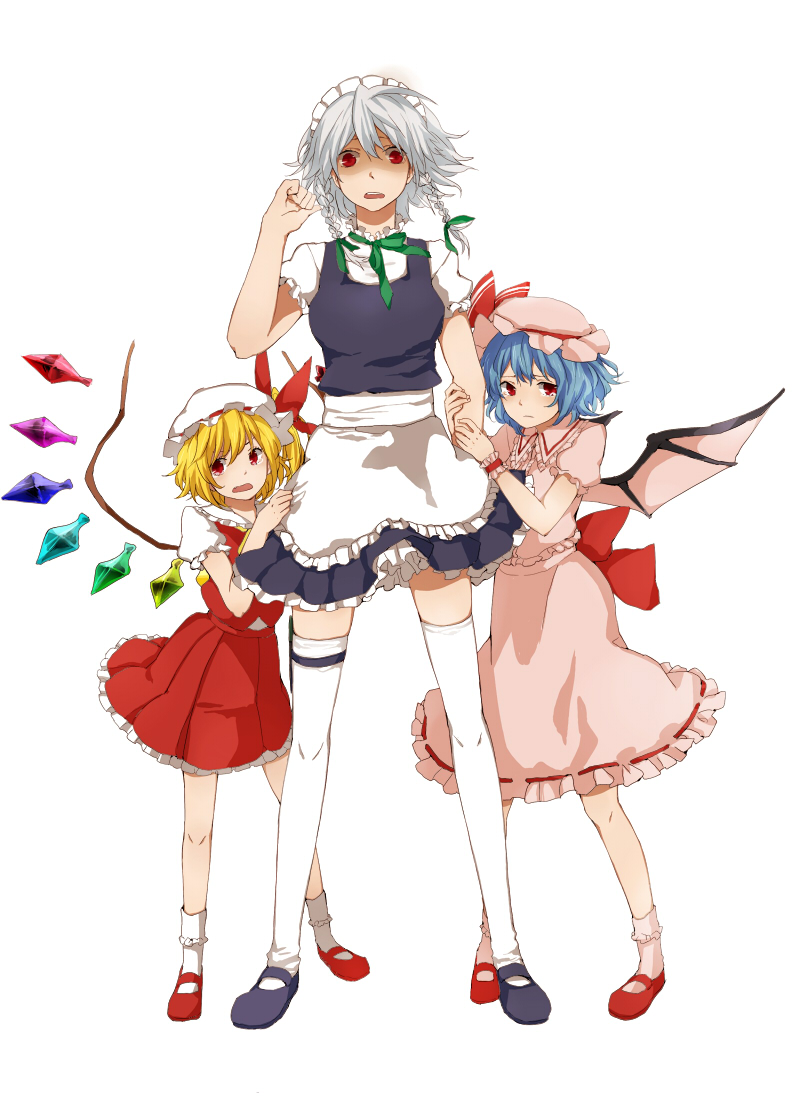 gyoniku sausage, flandre scarlet, izayoi sakuya, remilia scarlet, embodiment of scarlet devil, touhou, silver hair, bad id, bad pixiv id, 3girls, bat wings, blonde hair, blue hair, braid, dress, female focus, full body, hat, maid, multiple girls, ponytail, red eyes, short hair, side ponytail, simple background, skirt, tears, thighhighs, twin braids, white background, wings