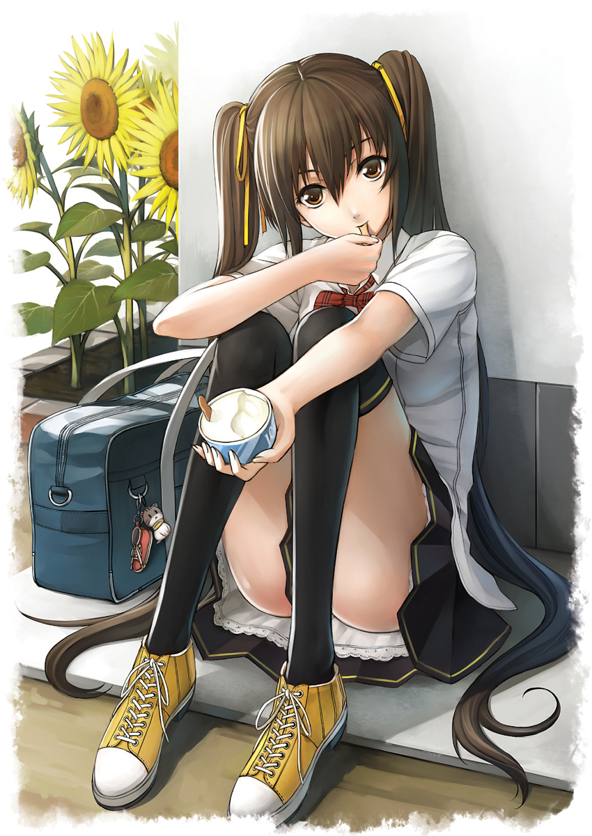 kurojishi, original, bad id, bad pixiv id, highres, revision, 1girl, bag, black thighhighs, border, brown eyes, brown hair, censored, convenient censoring, convenient leg, eating, fading border, female focus, flower, food, full body, hair between eyes, ice cream, long hair, looking at viewer, mouth hold, petticoat, school bag, school uniform, shoes, short sleeves, sitting, sneakers, solo, sunflower, thighhighs, thighs, twintails, very long hair