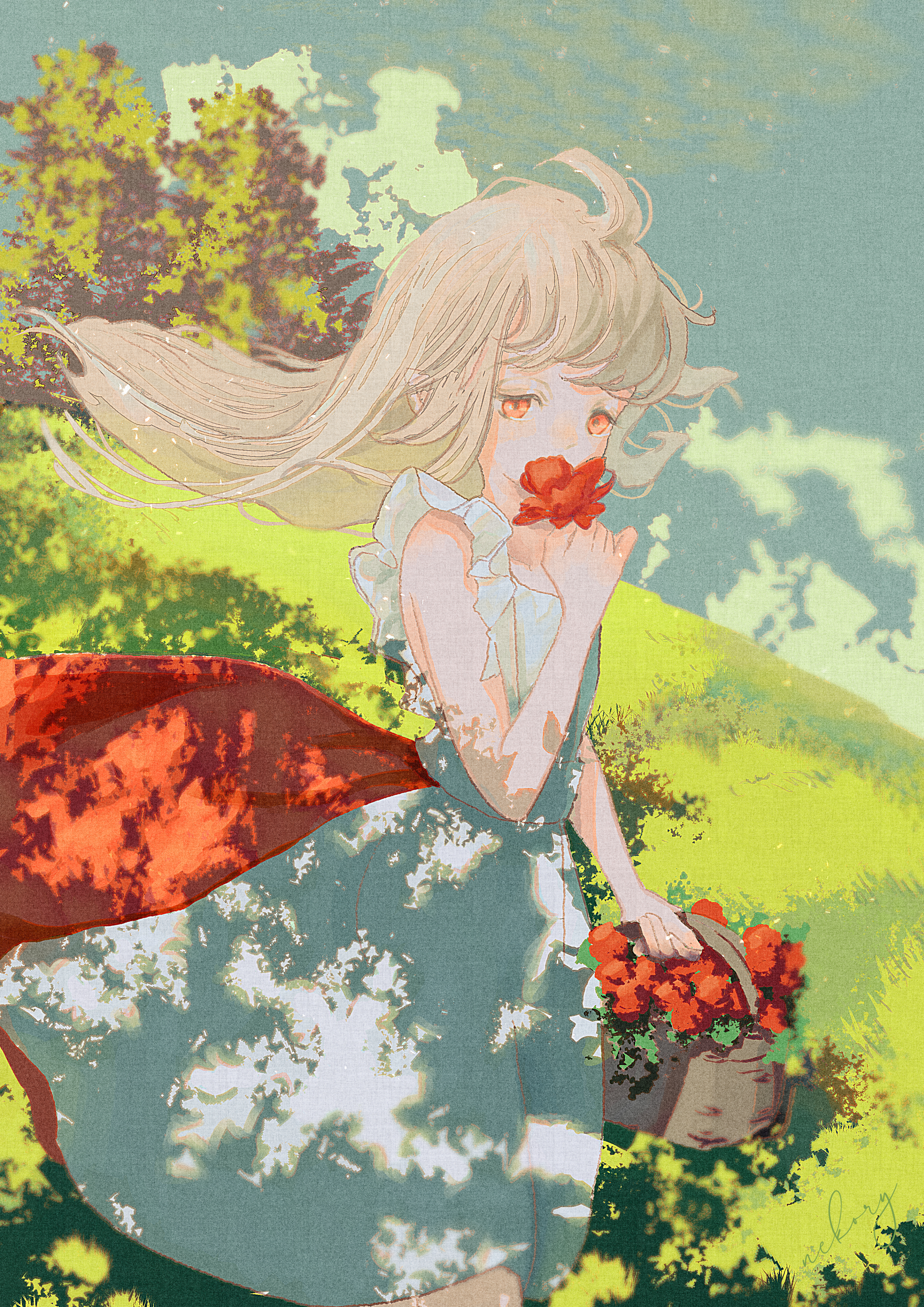 nekory, original, absurdres, commentary request, highres, 1girl, ahoge, blonde hair, cloud, dappled sunlight, day, dress, elf, flower, flower basket, frills, grass, hair flowing over, holding, holding flower, light particles, long hair, looking down, nature, outdoors, pointy ears, red eyes, red skirt, scenery, sidelocks, signature, skirt, sky, sleeveless, sleeveless dress, sunlight, swept bangs, tree, two-tone skirt, walking, white skirt