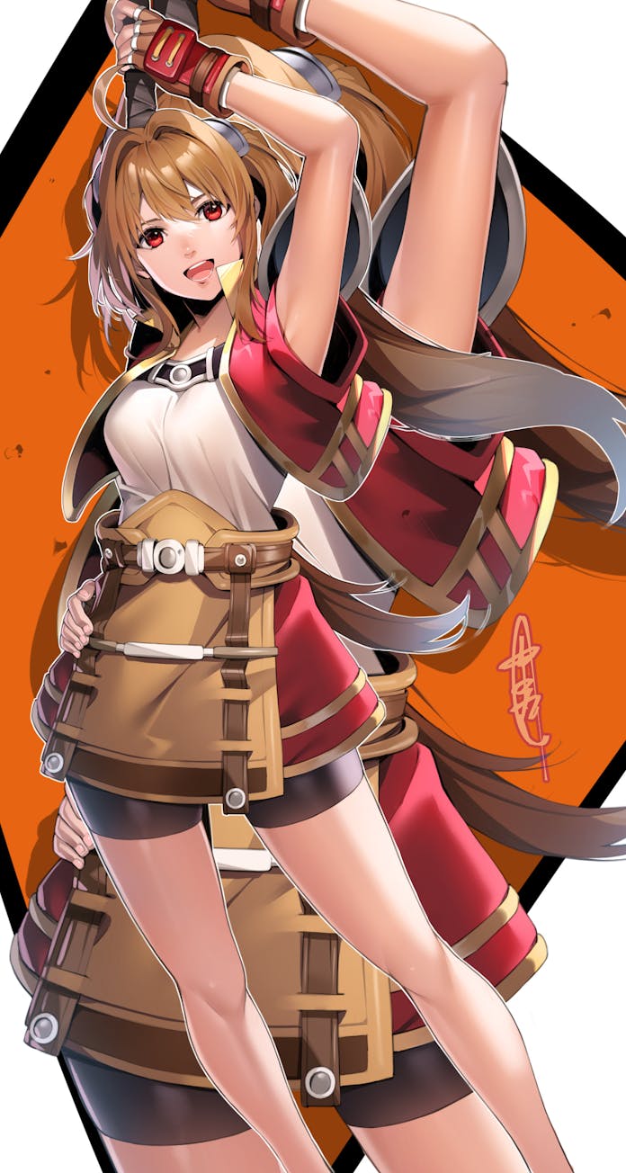 nakano maru, estelle bright, eiyuu densetsu, sora no kiseki, commentary, commission, english commentary, highres, skeb commission, 1girl, armor, breasts, brown hair, cropped jacket, fingerless gloves, gloves, long hair, looking at viewer, open mouth, shoulder armor, skirt, smile, solo, twintails