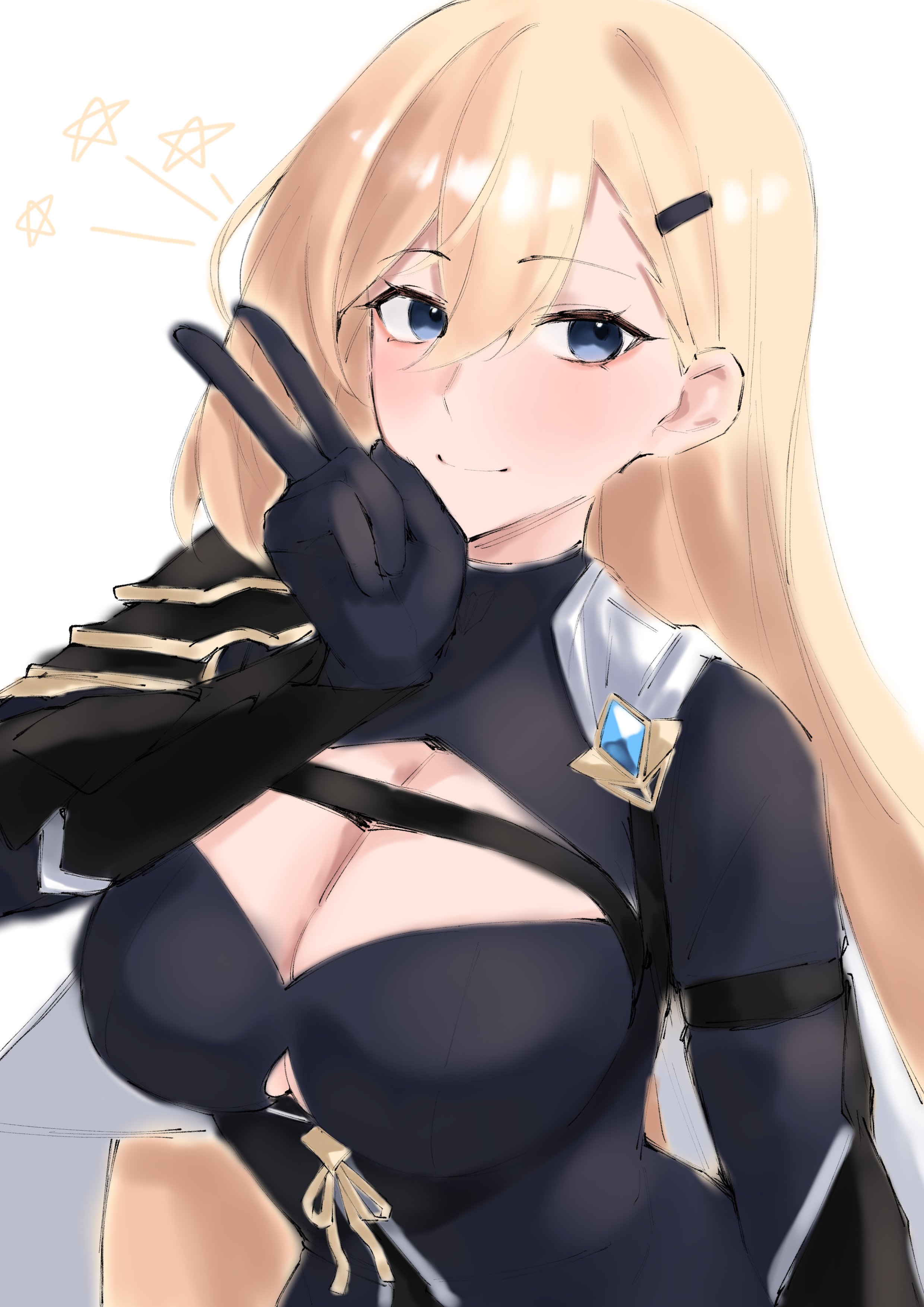 pyeong il, durandal (honkai impact), honkai: star rail, honkai (series), star savior, absurdres, character request, commentary request, highres, korean commentary, 1girl, black bodysuit, black gloves, blonde hair, blue eyes, bodysuit, breasts, cleavage cutout, clothing cutout, gloves, large breasts, long hair, simple background, smile, solo, v, very long hair
