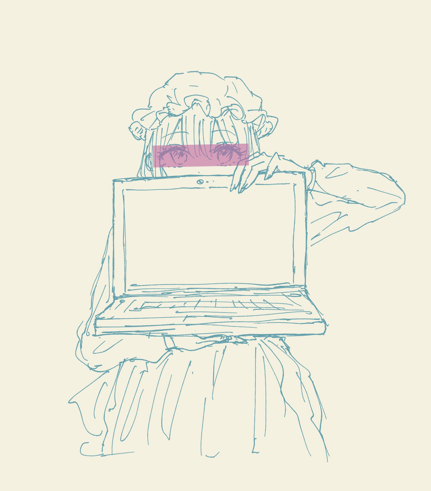 kashiwada kiiho, maribel hearn, touhou, commentary, highres, symbol-only commentary, 1girl, bar censor, blonde hair, censored, computer, dress, hair between eyes, hat, holding, holding laptop, laptop, long sleeves, looking at viewer, mob cap, monochrome, simple background, sitting, sleeve cuffs, solo, spot color, white hat