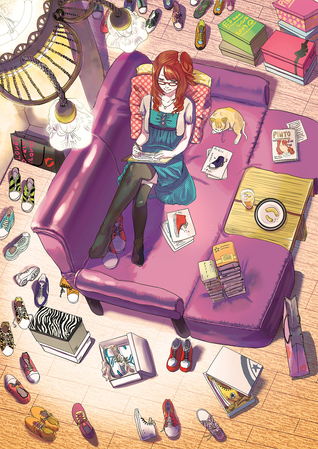 liran (iro), ranmaru (iro), original, bad id, bad pixiv id, highres, 1girl, book, cat, crossed legs, dress, female focus, food, glasses, lying, red eyes, red hair, shoes, side ponytail, sitting, sneakers, solo, thighhighs, zettai ryouiki