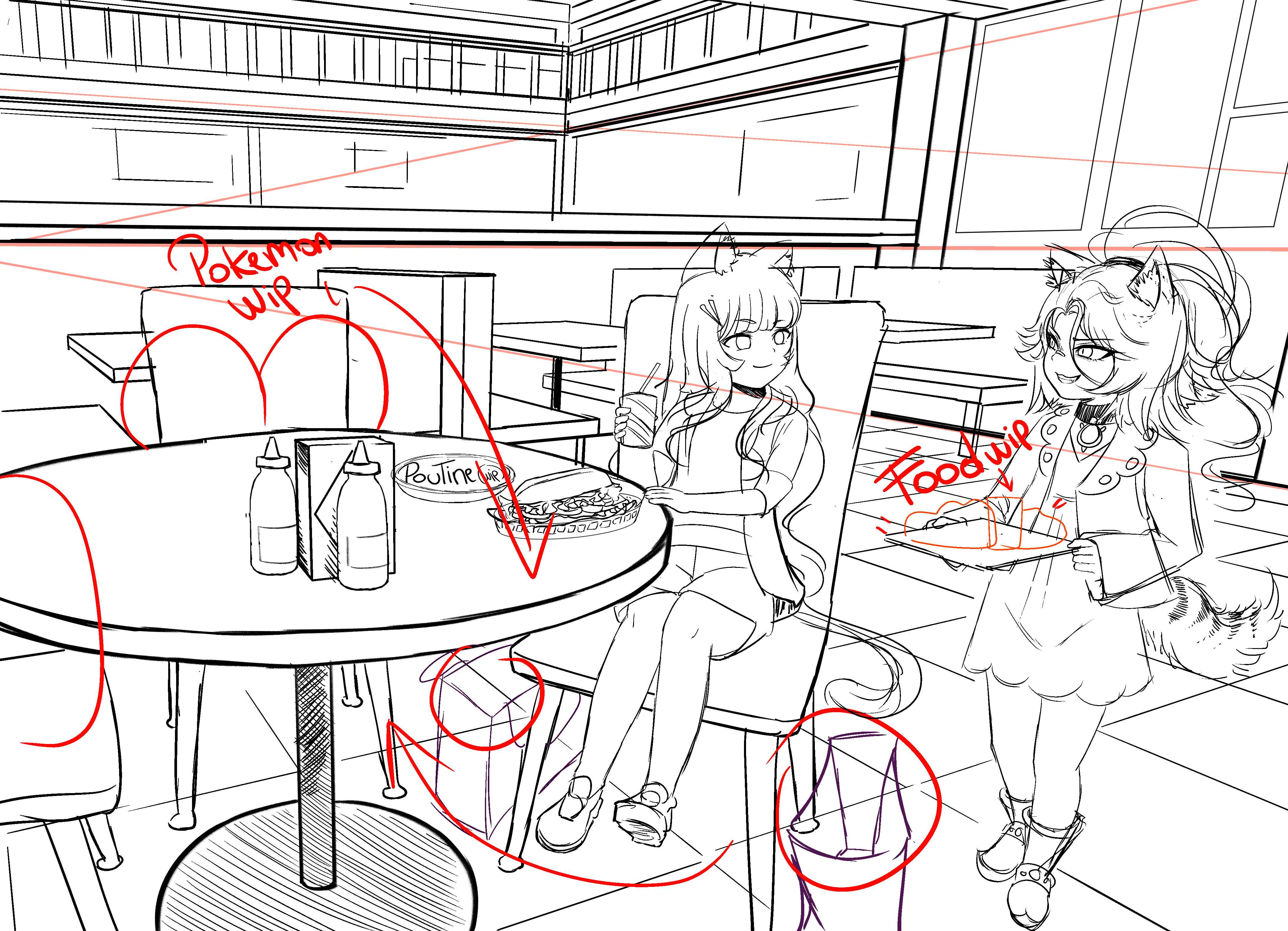 chloeakemi, akemithekitten, original, 2girls, happy, liko (pokemon) (cosplay), mall, marnie (pokemon) (cosplay), multiple girls, pokemon plush, public indecency, sitting, sketch