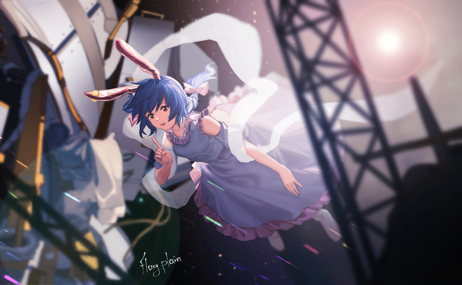 furahata gen, seiran (touhou), touhou, tagme, 1girl, blue dress, bow, dress, flying, frilled dress, frills, hagoromo, hair bow, long dress, medium hair, open mouth, pointing, ponytail, rabbit girl, red eyes, shawl, solo focus, space, space station, star (sky), swept bangs, teeth, upper teeth only, white bow