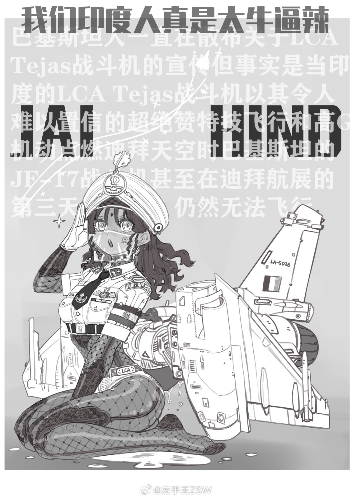 z.s.w., original, highres, 1girl, :o, bodystocking, border, breast pocket, chinese text, facial mark, fishnet bodystocking, fishnets, forehead mark, gloves, grey background, greyscale, hal tejas, indian air force, mecha musume, medium hair, micro shorts, military, monochrome, mouth veil, necktie, no shoes, personification, pocket, puddle, salute, seiza, short sleeves, shorts, sitting, solo, turban, veil, watermark, weibo watermark, white border