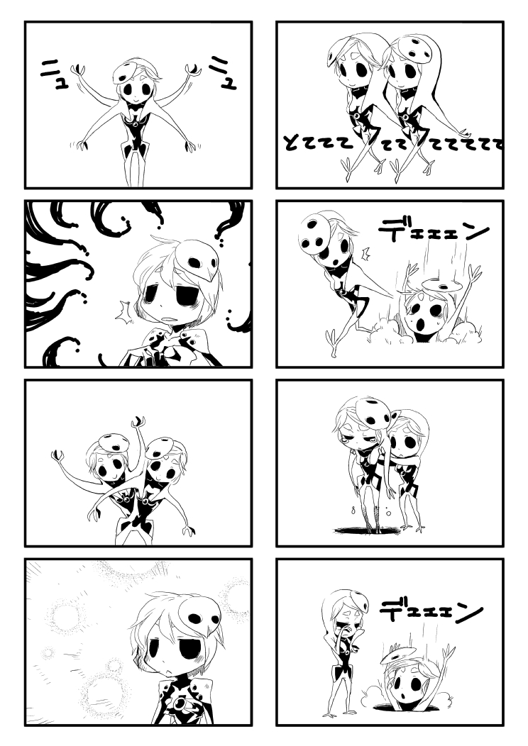 kanemaki thomas, angel (evangelion), israfel (evangelion), sachiel (evangelion), neon genesis evangelion, eyebrows, 4koma, comic, greyscale, monochrome, monster girl, multiple 4koma, personification, silent comic
