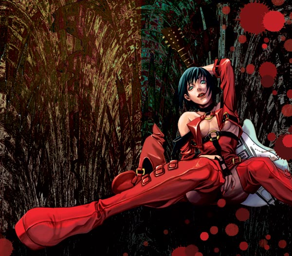 vivienne9westwood, i-no, arc system works, guilty gear, 1girl, arm behind head, between legs, black hair, blood, blood splatter, boots, breasts, choker, cleavage, female focus, guitar, hand between legs, hat, instrument, looking up, red boots, red hat, red thighhighs, short hair, sitting, solo, thigh boots, thighhighs, underboob, vest