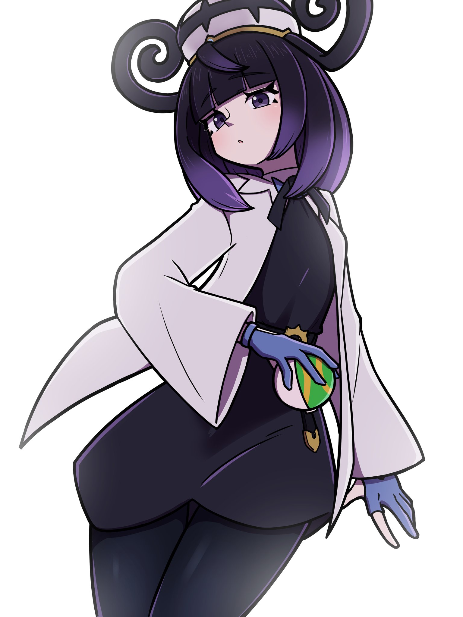 nirade44, gwynn (pokemon), nintendo, pokemon, pokemon legends: z-a, commentary request, highres, 1girl, black dress, black hair, black pantyhose, blue gloves, blunt bangs, bob cut, coat, cowboy shot, dress, eyelashes, gloves, gradient hair, hat, holding, holding poke ball, long sleeves, looking at viewer, multicolored hair, nest ball, open clothes, open coat, pantyhose, parted lips, partially fingerless gloves, poke ball, purple eyes, purple hair, short hair, solo, white background, white coat