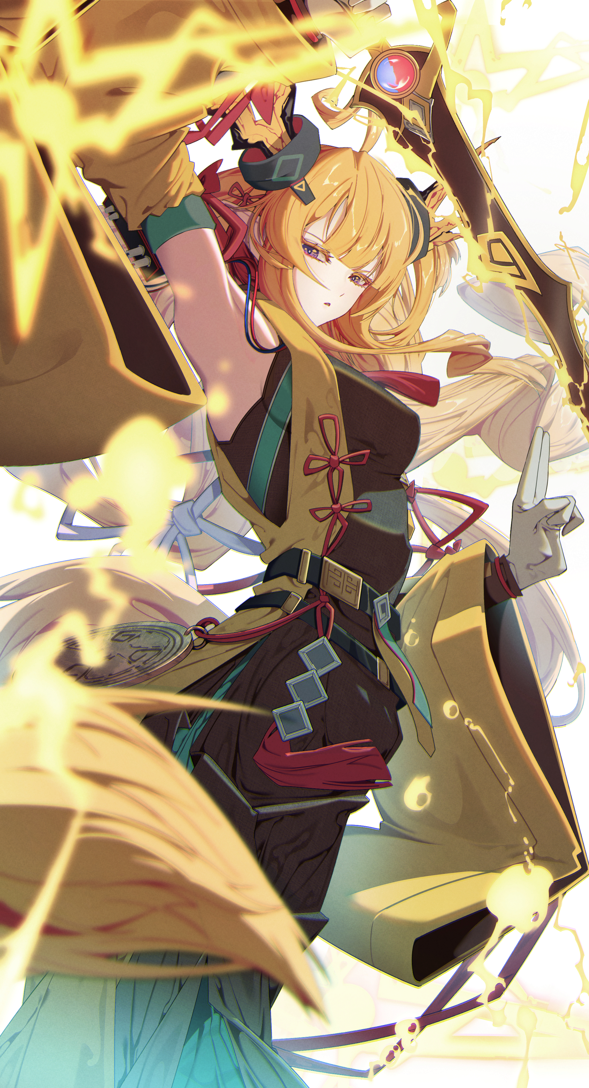 kimo suna, leizi (arknights), arknights, absurdres, highres, 1girl, armpits, black dress, blonde hair, blunt bangs, breasts, dress, gloves, holding, holding sword, holding weapon, horns, long dress, long hair, looking at viewer, medium breasts, pointy ears, purple eyes, solo, sword, very long hair, weapon, white background, white gloves