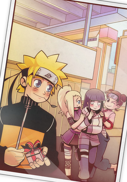 shinpillan, hyuuga hinata, tenten (naruto), uzumaki naruto, yamanaka ino, naruto (classic), naruto (series), image sample, pixiv sample, resized, 1boy, 3girls, hair over one eye, multiple girls