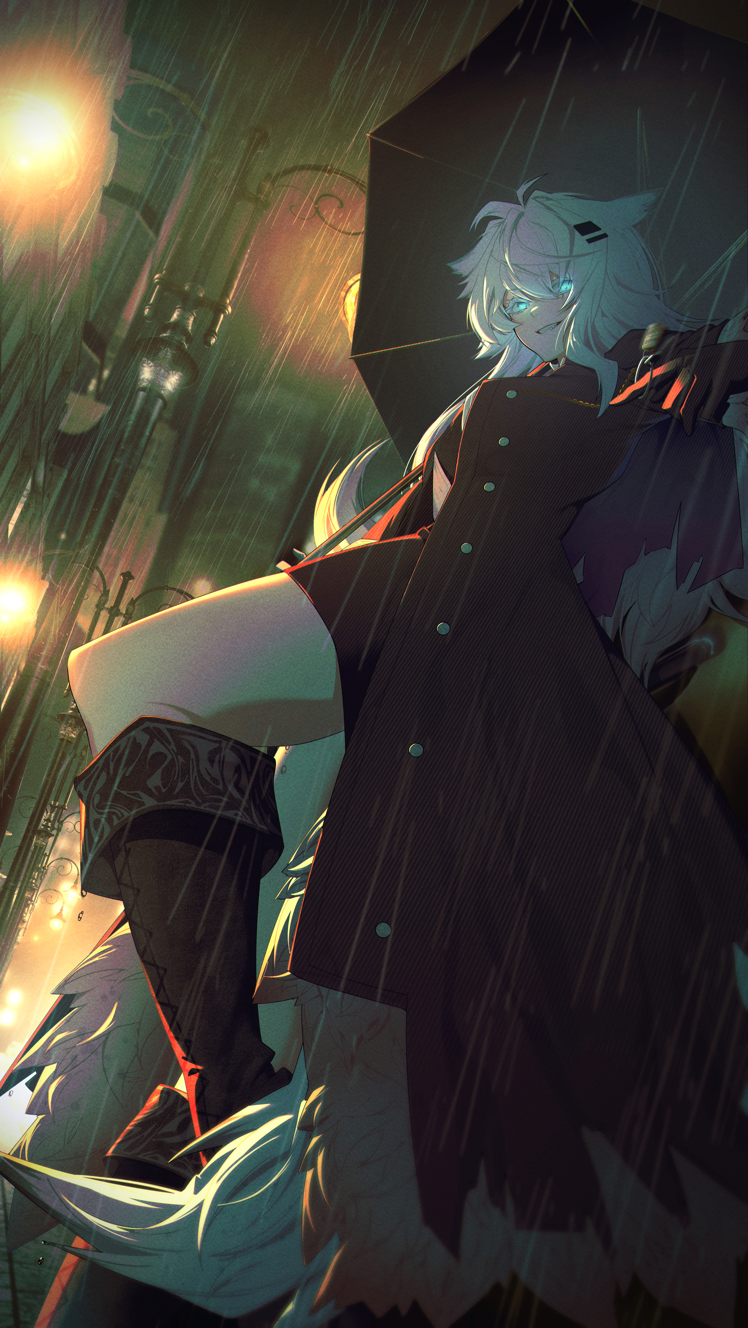 kimo suna, lappland (arknights), arknights, absurdres, commentary, highres, 1girl, animal ears, black boots, black gloves, black shorts, black umbrella, blue eyes, boots, crazy grin, film grain, gloves, hair between eyes, holding, holding umbrella, long hair, looking at viewer, night, outdoors, rain, shorts, solo, umbrella, white hair, wolf ears, wolf girl