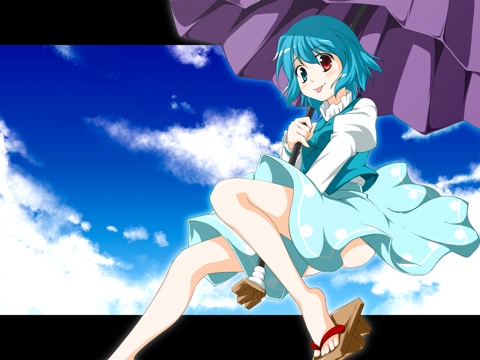 takoyaki1116, takoyaki (takoyaki-batake), tatara kogasa, touhou, highres, 1girl, :p, blue eyes, blue hair, female focus, geta, heterochromia, karakasa obake, matching hair/eyes, red eyes, sandals, short hair, solo, tongue, tongue out, umbrella