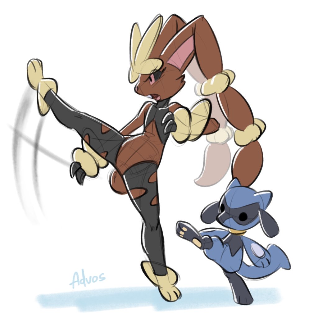 advos, lopunny, mega lopunny, riolu, nintendo, pokemon, black sclera, colored sclera, full body, gen 4 pokemon, kicking, leg lift, leg up, looking ahead, mega pokemon, motion lines, open mouth, pink eyes, pokemon (creature), pokemon focus, simple background