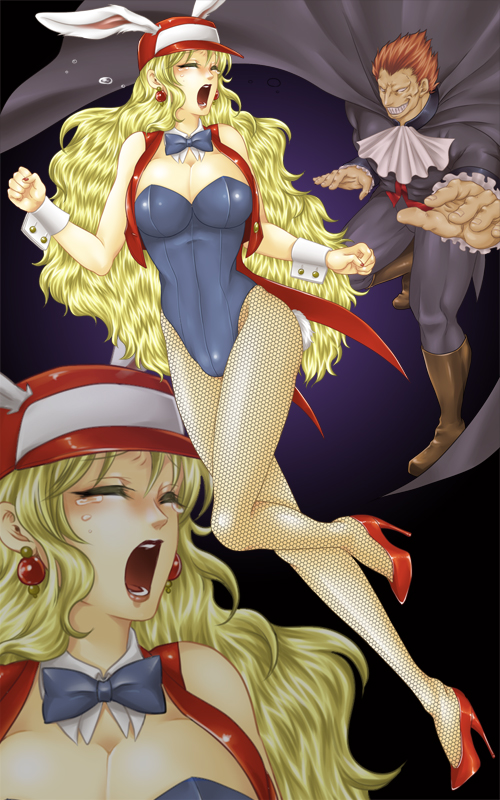 demitri maximoff, terry bogard, capcom, darkstalkers, snk, the king of fighters, artist request, gender request, source request, 1boy, 1girl, black background, blonde hair, breasts, crossover, genderswap, gradient background, large breasts, midnight bliss, purple background, scared, smile