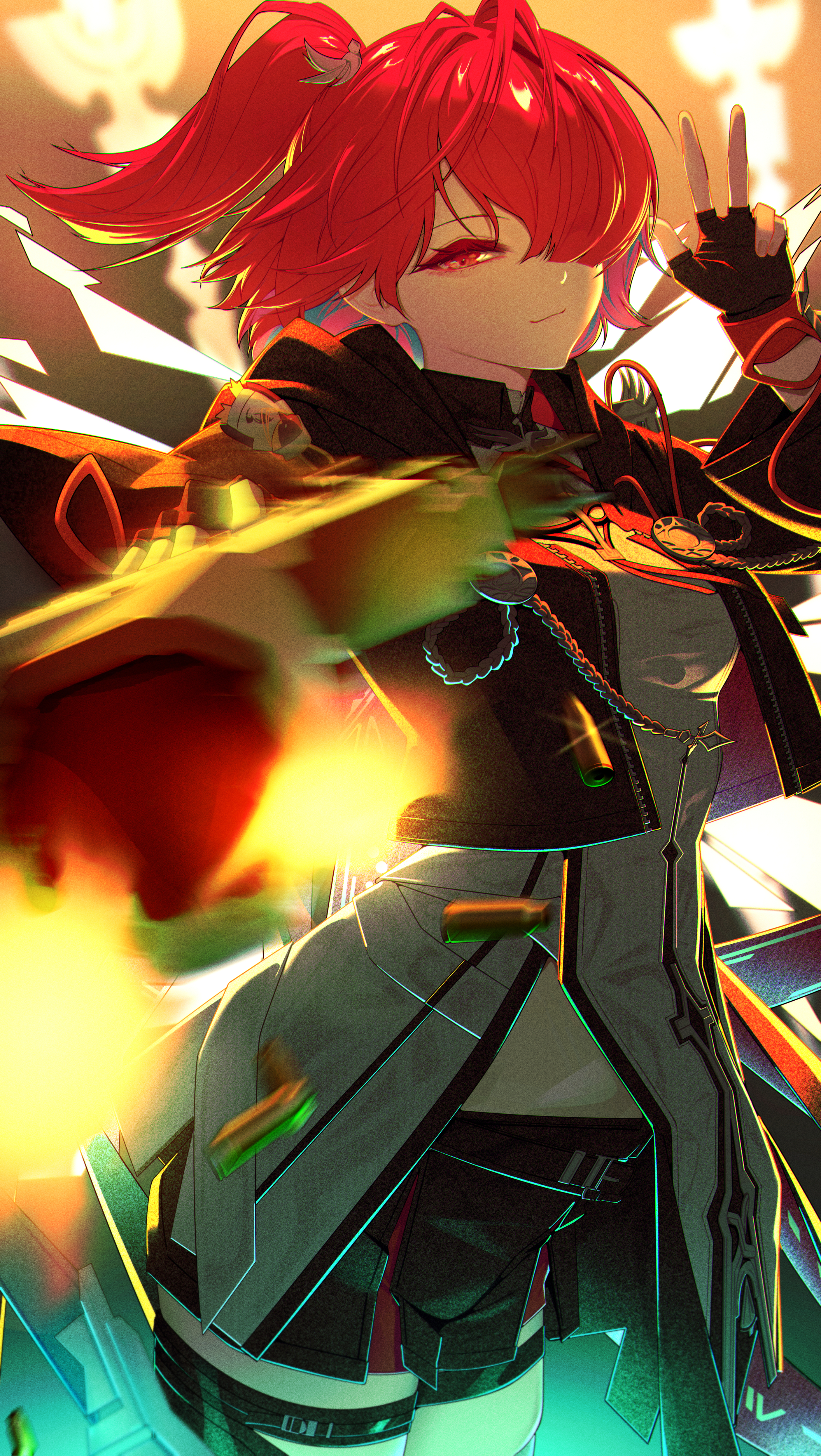 kimo suna, exusiai (arknights), exusiai the new covenant (arknights), arknights, absurdres, highres, 1girl, black gloves, black jacket, black shorts, closed mouth, cowboy shot, detached wings, fingerless gloves, gloves, gun, hair over one eye, holding, holding gun, holding weapon, jacket, long sleeves, medium hair, official alternate costume, red eyes, red hair, shorts, side ponytail, solo, standing, weapon, wings