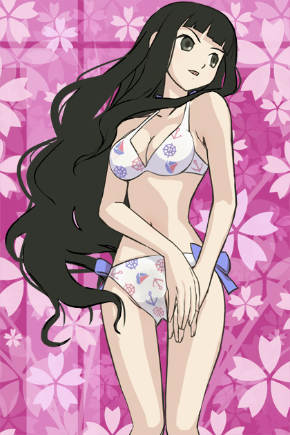 haruyama kazunori, itoshiki rin, sayonara zetsubou sensei, 00s, 1girl, anchor symbol, bikini, black hair, bow, cherry blossoms, female focus, floral background, flower, long hair, print bikini, solo, steering wheel, swimsuit, very long hair, white bikini