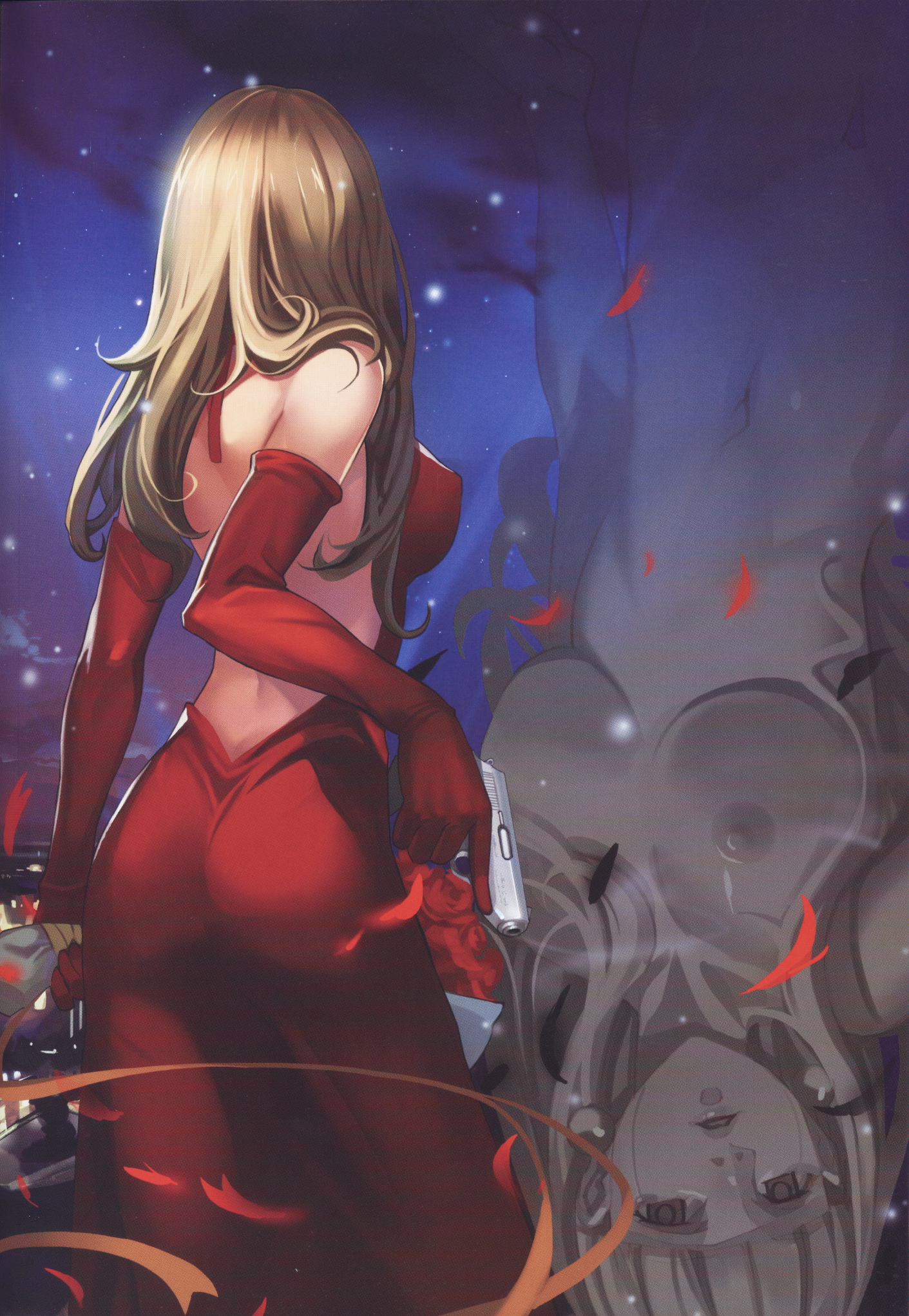 alphonse (white datura), stardust, elysion, sound horizon, walther, highres, 1girl, ass, back, backless dress, backless outfit, blonde hair, breasts, completely nude, dress, elbow gloves, female focus, flower, from behind, gloves, gun, handgun, large breasts, long dress, long hair, nude, petals, pistol, pocket pistol, red dress, reflection, rose, semi-automatic pistol, solo, walther ppk, weapon
