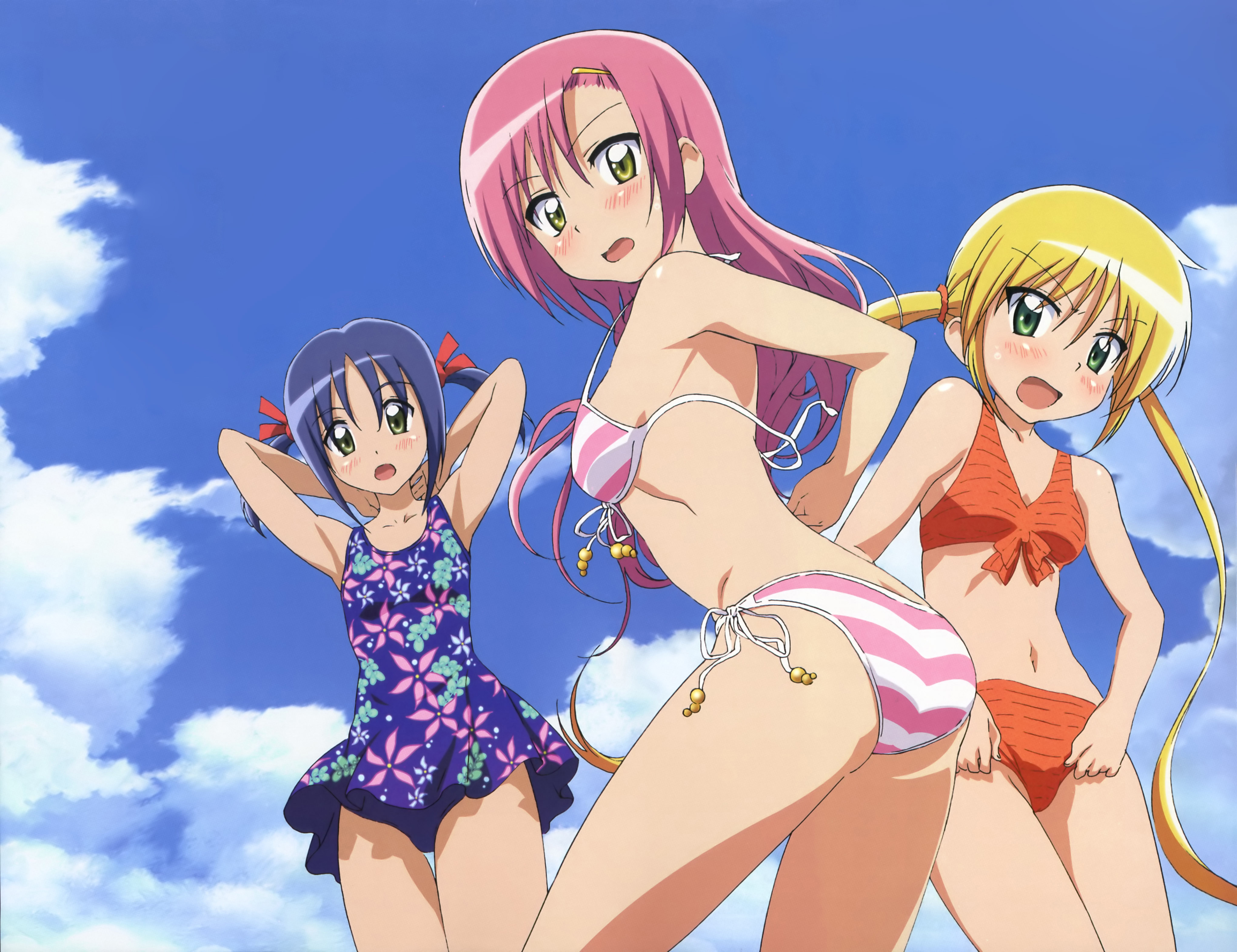 katsura hinagiku, nishizawa ayumu, sanzen'in nagi, hayate no gotoku!, nyantype, absurdres, highres, non-web source, 00s, 3girls, adjusting clothes, adjusting swimsuit, armpits, bikini, blonde hair, blue hair, blush, cloud, day, flat chest, green eyes, long hair, multiple girls, one-piece swimsuit, pink hair, short hair, side-tie bikini bottom, sky, striped bikini, striped clothes, swimsuit, twintails, untied bikini, very long hair, wardrobe malfunction, yellow eyes
