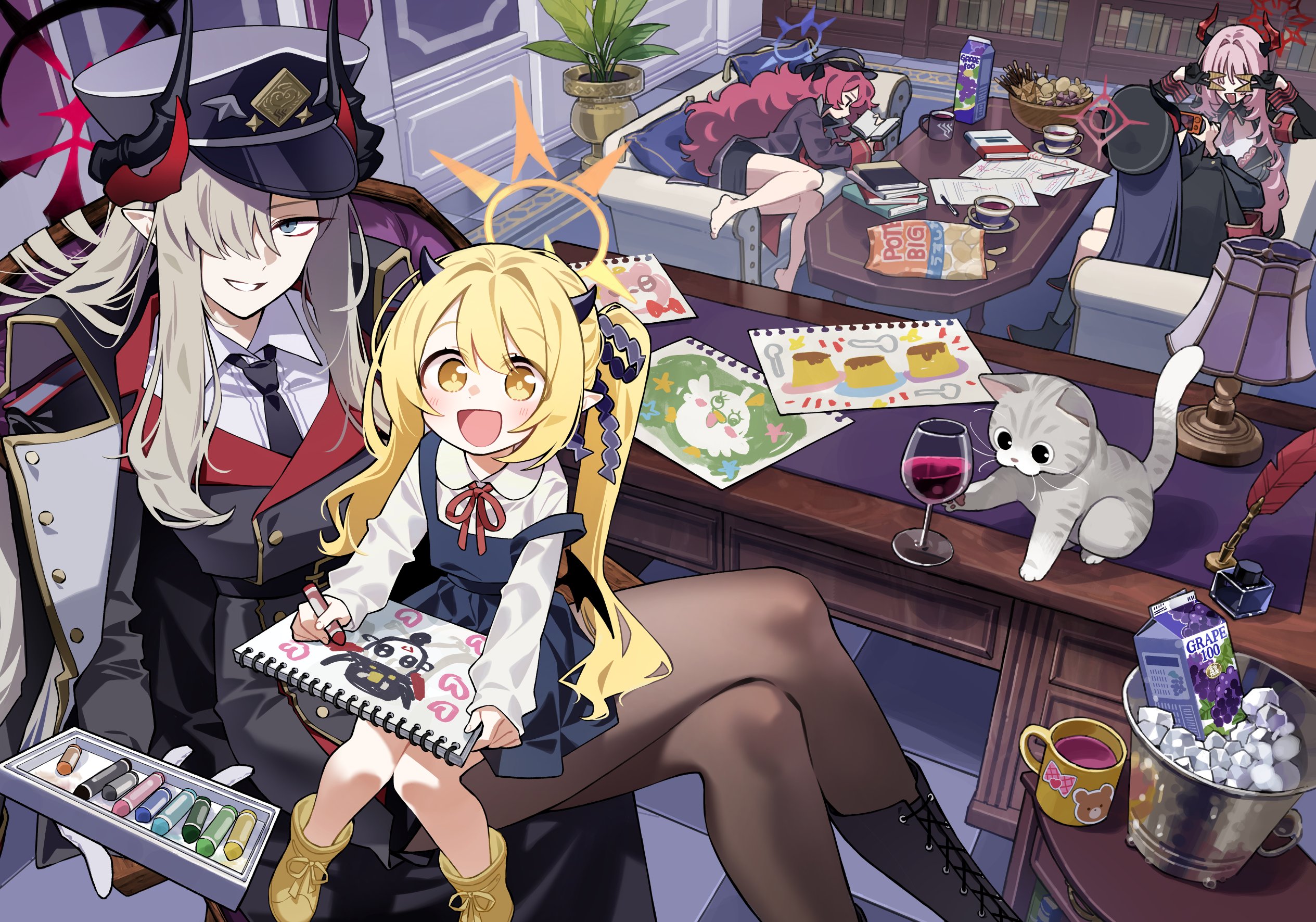 kurihara sakura, chiaki (blue archive), ibuki (blue archive), iroha (blue archive), makoto (blue archive), satsuki (blue archive), blue archive, commentary request, highres, 5girls, bag of chips, carton, cat, chips (food), crayon, cup, demon girl, demon horns, demon tail, drinking glass, food, grape juice, hat, holding, holding crayon, horns, juice, military uniform, multiple girls, pandemonium society (blue archive), pantyhose, peaked cap, potato chips, tail, teacup, wine glass