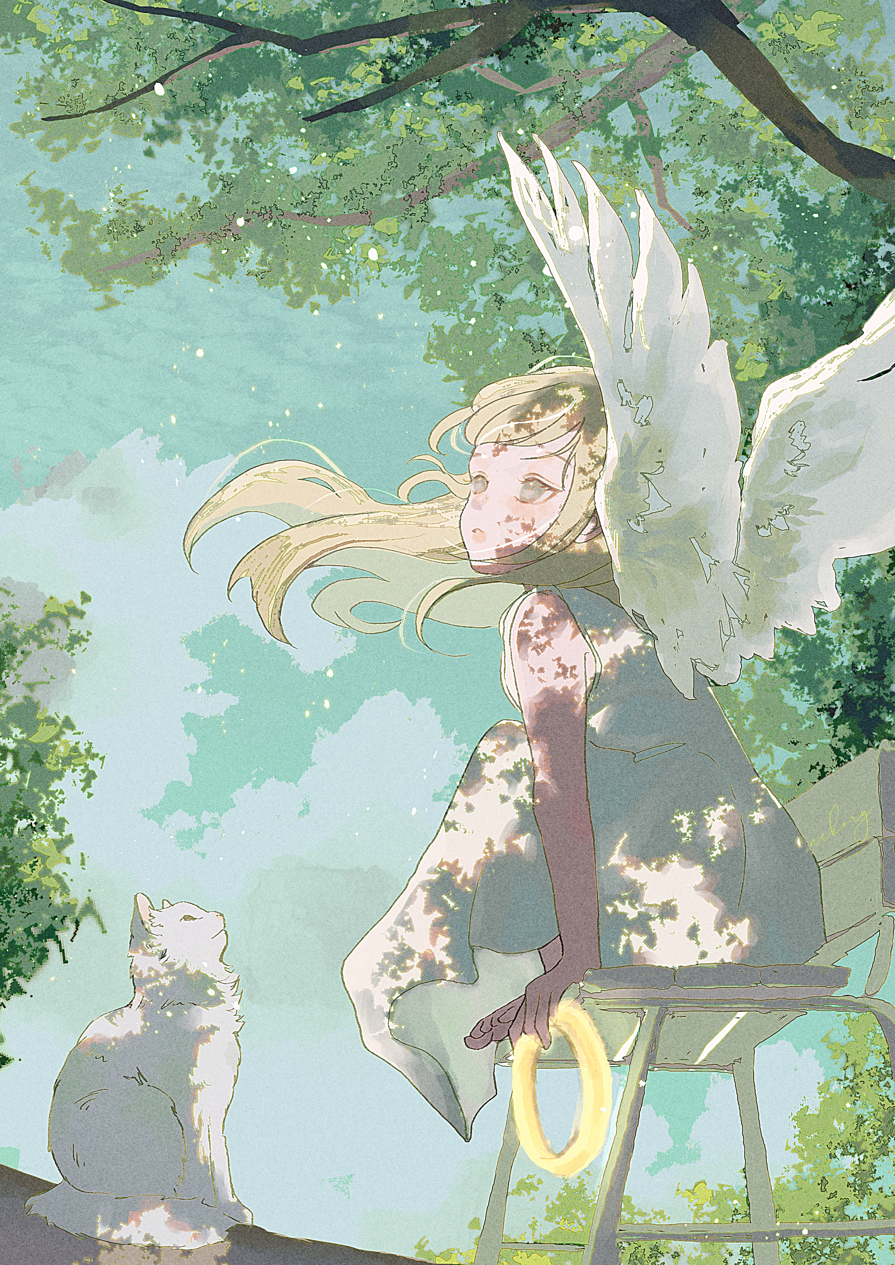 nekory, original, absurdres, commentary request, highres, 1girl, ahoge, angel, animal, blonde hair, cat, cloud, dappled sunlight, day, dress, from behind, grey eyes, hair flowing over, halo, holding, holding halo, light particles, long hair, looking to the side, nature, outdoors, scenery, sidelocks, signature, sitting, skirt, sky, sleeveless, sleeveless dress, sunlight, swept bangs, tree, white cat, white skirt, white wings, wings