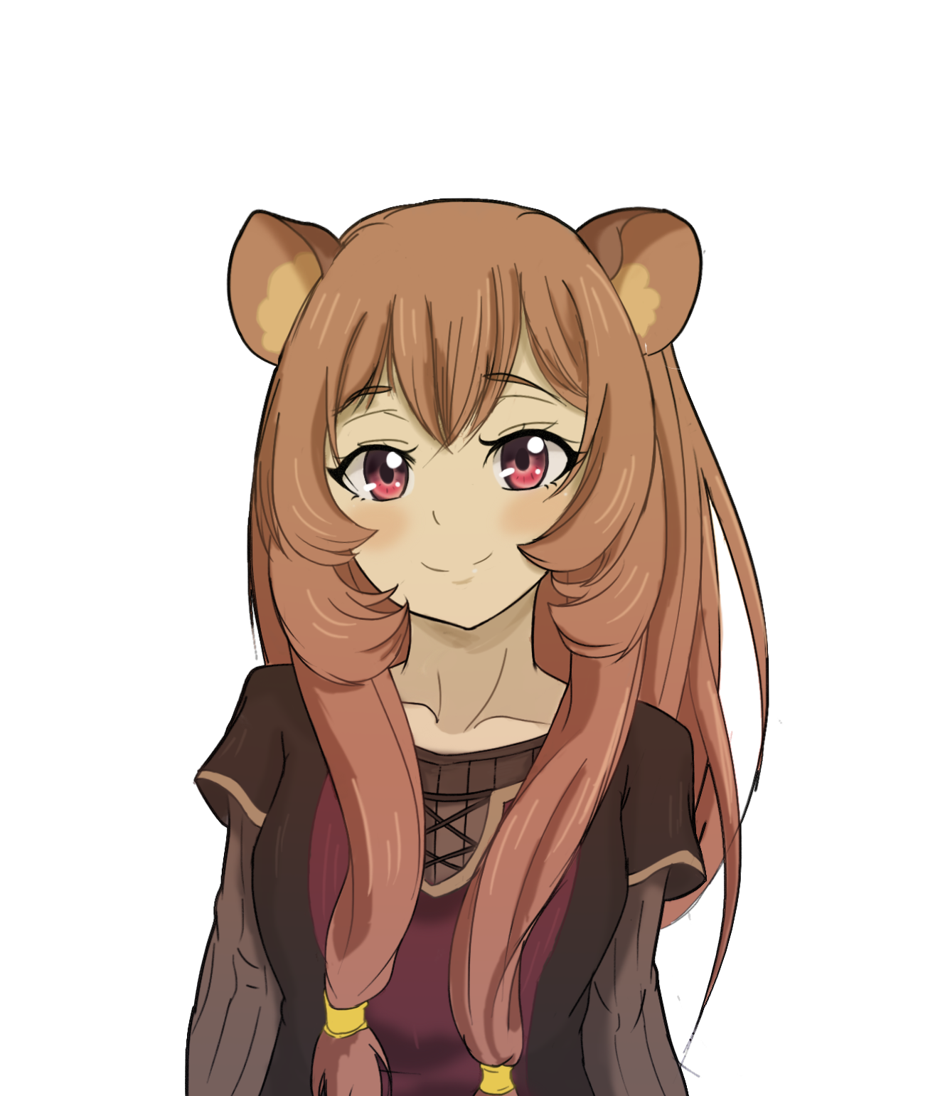 lobo-del-viento, raphtalia, tate no yuusha no nariagari, commentary, english commentary, highres, 1girl, animal ear fluff, animal ears, blush, breasts, brown dress, brown hair, closed mouth, collarbone, double-parted bangs, dress, eyelashes, grey dress, hair between eyes, long hair, long sleeves, looking at viewer, looking down, metal hair tubes, pink eyes, pinstripe dress, pinstripe pattern, raccoon ears, raccoon girl, raised eyebrows, red dress, short sleeves, simple background, small breasts, smile, solo, straight-on, two-tone dress, white background