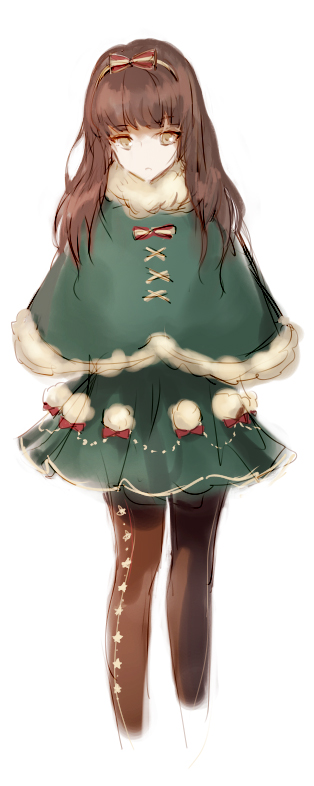 tohoko kiri, kurenaino aria, occultic;nine, science adventure, commentary request, 1girl, blunt bangs, boots, brown eyes, brown hair, capelet, christmas, christmas tree costume, dress, full body, fur trim, hairband, long hair, long sleeves, looking at viewer, pantyhose, simple background, skirt, smile, solo, white background