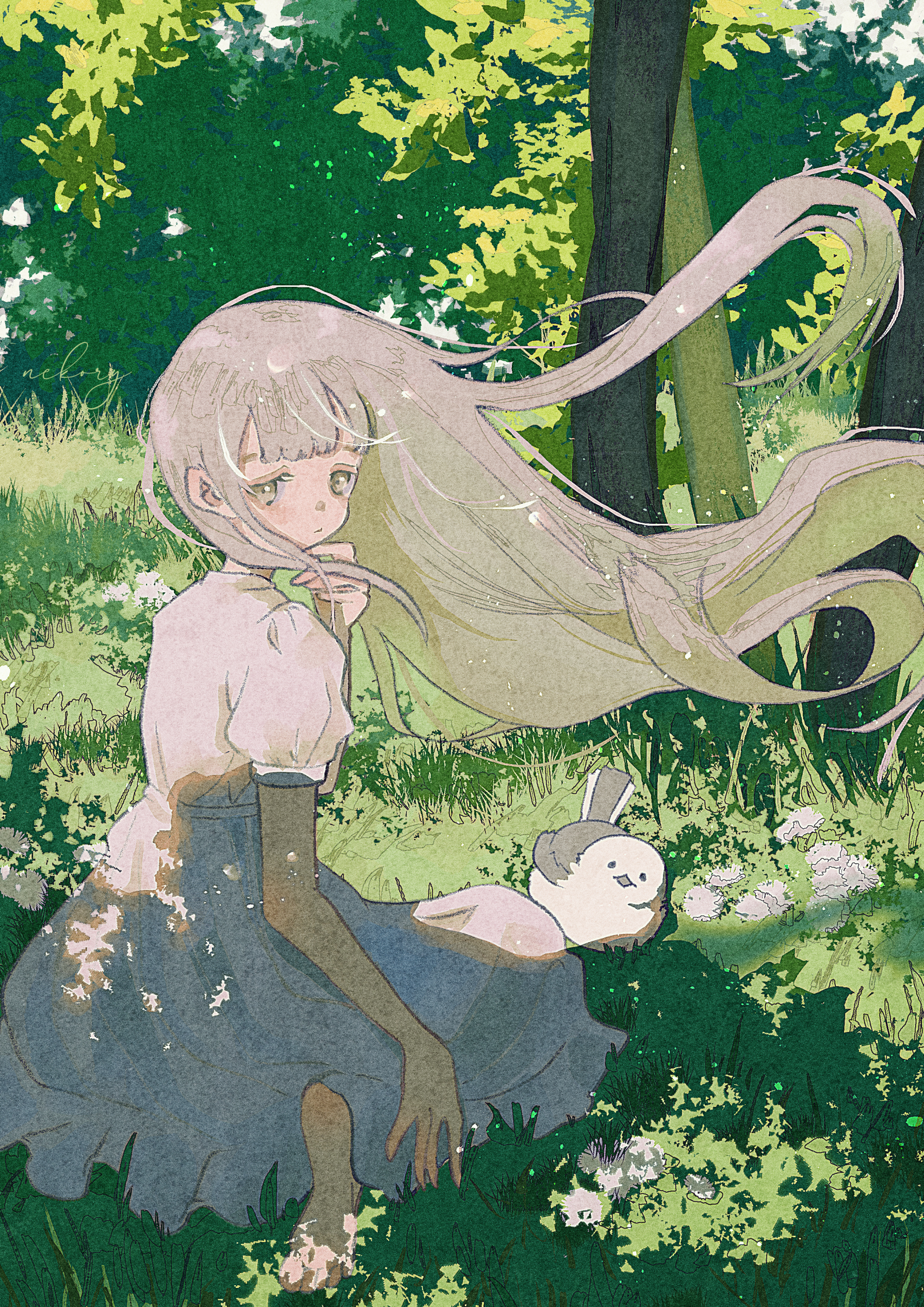 nekory, original, absurdres, commentary request, highres, 1girl, barefoot, bird, blonde hair, center-flap bangs, dappled sunlight, day, dress, flower, forest, from behind, hand on own chin, light particles, long hair, long skirt, looking at viewer, nature, puffy sleeves, scenery, short sleeves, sidelocks, sitting, skirt, sunlight, tree, wariza, white bird, yellow eyes