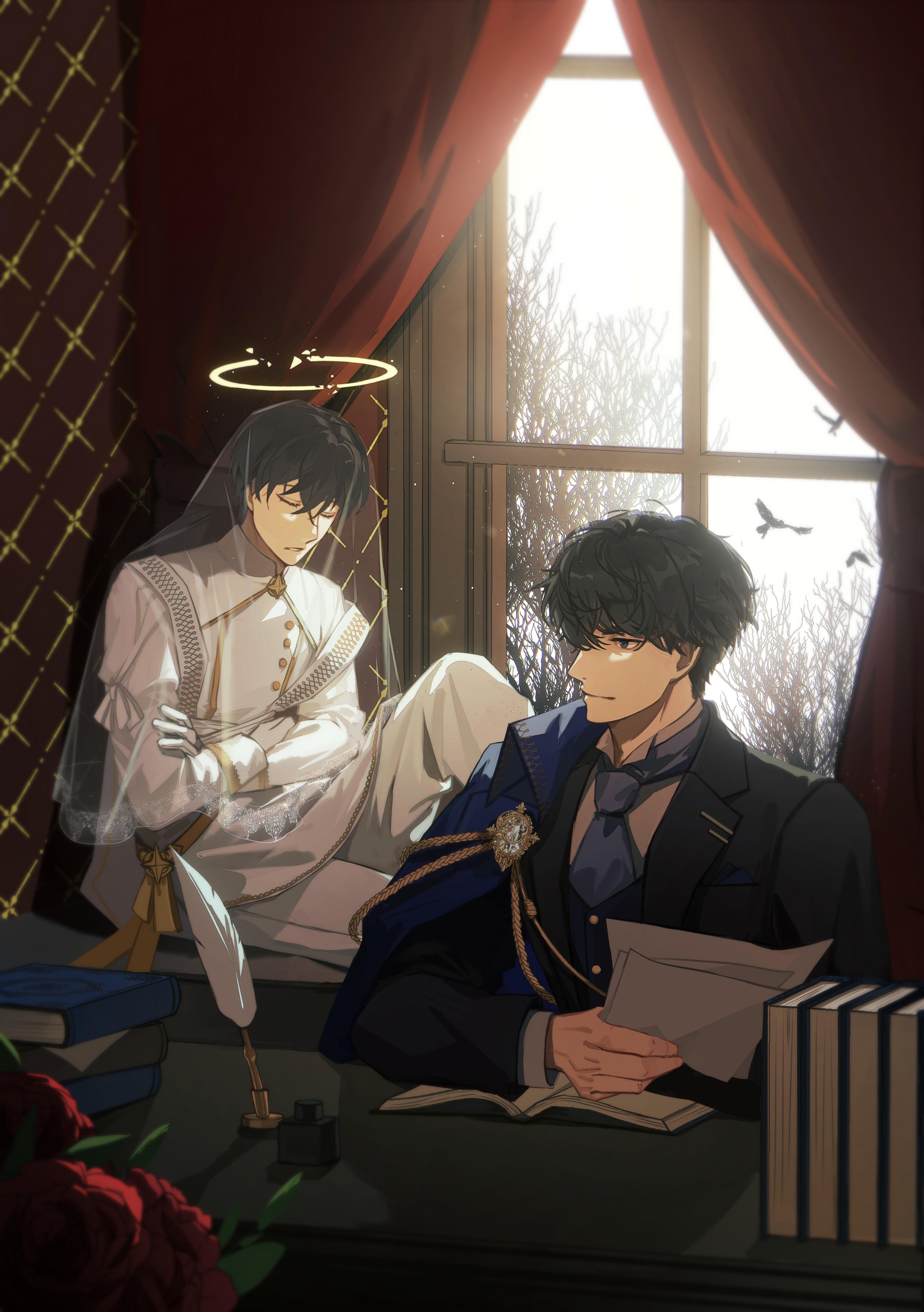 kim dokja, yoo joonghyuk, omniscient reader's viewpoint, absurdres, commentary request, highres, 2boys, alternate costume, black hair, black vest, blue jacket, blue necktie, blue vest, book, book stack, closed eyes, collared shirt, crossed arms, desk, flower, gloves, halo, head down, holding, holding paper, indoors, jacket, jacket over shoulder, knee up, looking at another, looking back, male focus, multiple boys, necktie, on windowsill, paper, quill, rose, sanjinmogufufu, shirt, short hair, shoulder pads, simple bird, sleeping, unworn jacket, vase, veil, vest, white gloves, white shirt, window