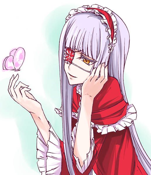 ifuji shinsen, original, colored eyelashes, dress, eyepatch, long hair, purple hair, solo, yellow eyes