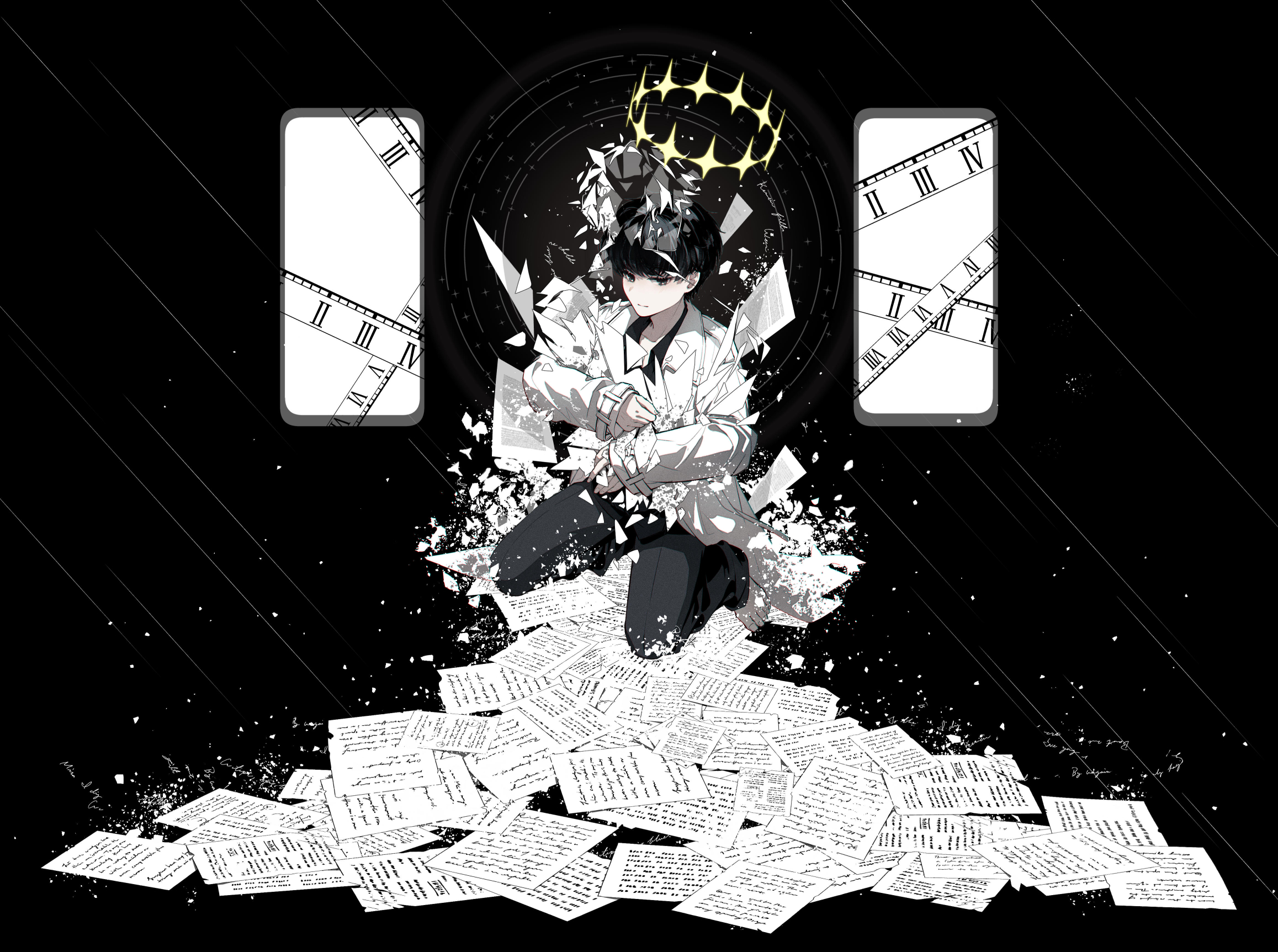 kim dokja, oldest dream, omniscient reader's viewpoint, commentary request, highres, 1boy, black eyes, black hair, black shirt, coat, crown, floating crown, light particles, looking at viewer, male focus, meteor shower, open clothes, open coat, roman numeral, sanjinmogufufu, seiza, shirt, short hair, sitting, solo, star trail, too many papers, white coat