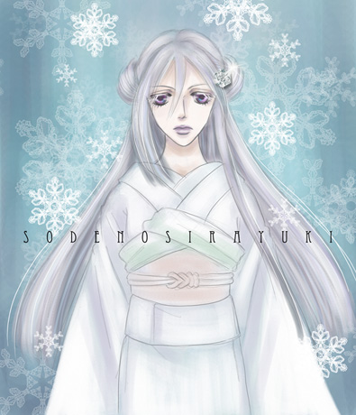 sode no shirayuki, bleach, bleach: zanpakutou ibun hen, silver hair, lowres, 00s, double bun, japanese clothes, kimono, lips, long hair, purple eyes, snowflakes, solo, zanpakutou (spirit)