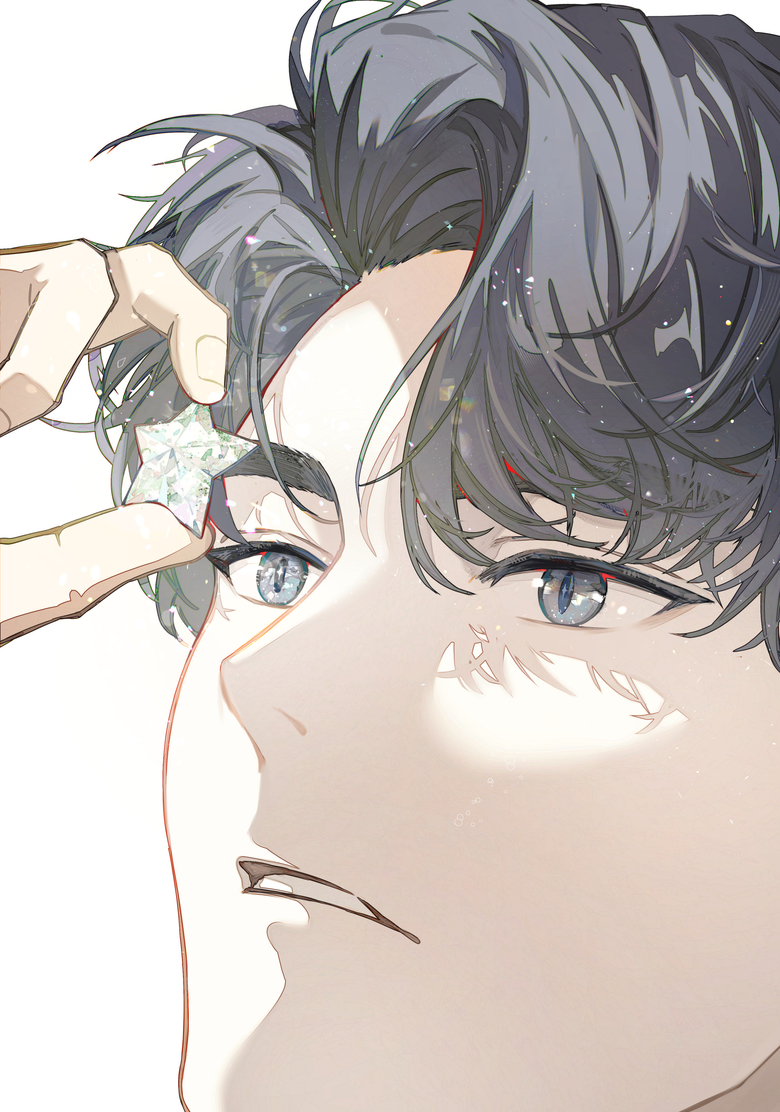 yoo joonghyuk, omniscient reader's viewpoint, commentary request, highres, 1boy, black eyes, black hair, close-up, crystal, curtained hair, hand up, holding, light particles, male focus, parted lips, portrait, sanjinmogufufu, short hair, sidelighting, solo, sparkling eyes, star (symbol), wide-eyed