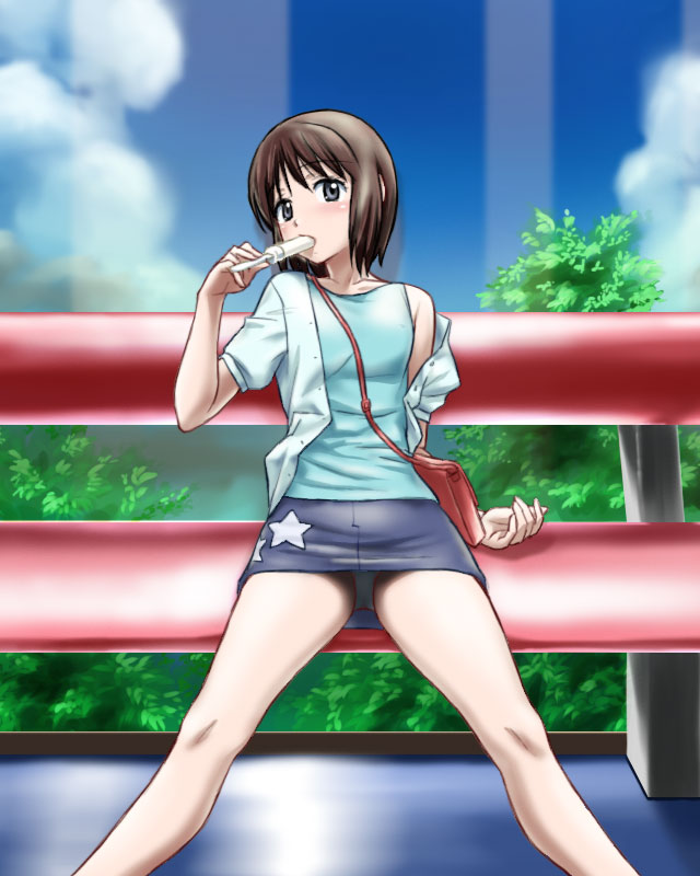 hajime (caramel toone), onozawa mirai, tokyo magnitude 8.0, 00s, 1girl, bag, brown hair, eating, female focus, food, grey eyes, panties, pencil skirt, popsicle, sexually suggestive, sitting, skirt, solo, spread legs, underwear, white panties