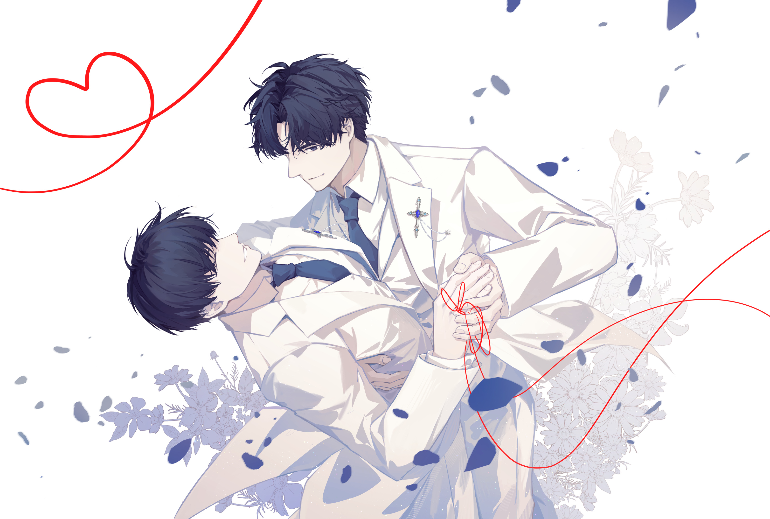 kim dokja, yoo joonghyuk, omniscient reader's viewpoint, commentary request, highres, 2boys, black eyes, black hair, black necktie, coat, collared shirt, curtained hair, dip (dance move), falling petals, feet out of frame, flower, formal clothes, grin, holding hands, looking at another, male focus, matching outfits, multiple boys, necktie, petals, sanjinmogufufu, shirt, short hair, smile, string, string around finger, string of fate, vest, white coat, white shirt, white vest, yaoi