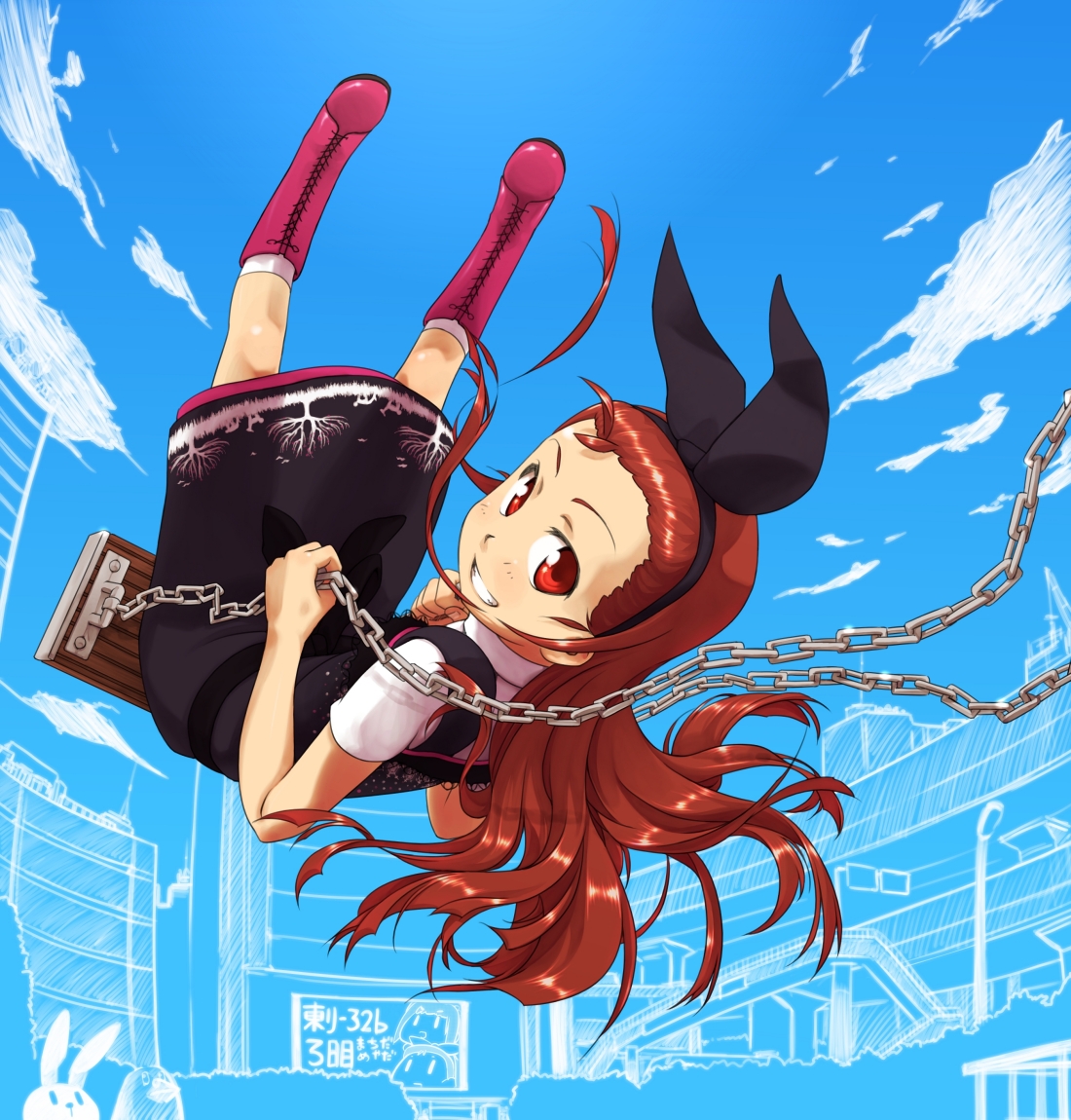 ttomm, minase iori, idolmaster, idolmaster (classic), white legwear, 00s, 1girl, boots, brown hair, dress, female focus, hairband, lace-up boots, long hair, looking back, on swing, outdoors, pink boots, red eyes, smile, solo, swing, swinging on swing