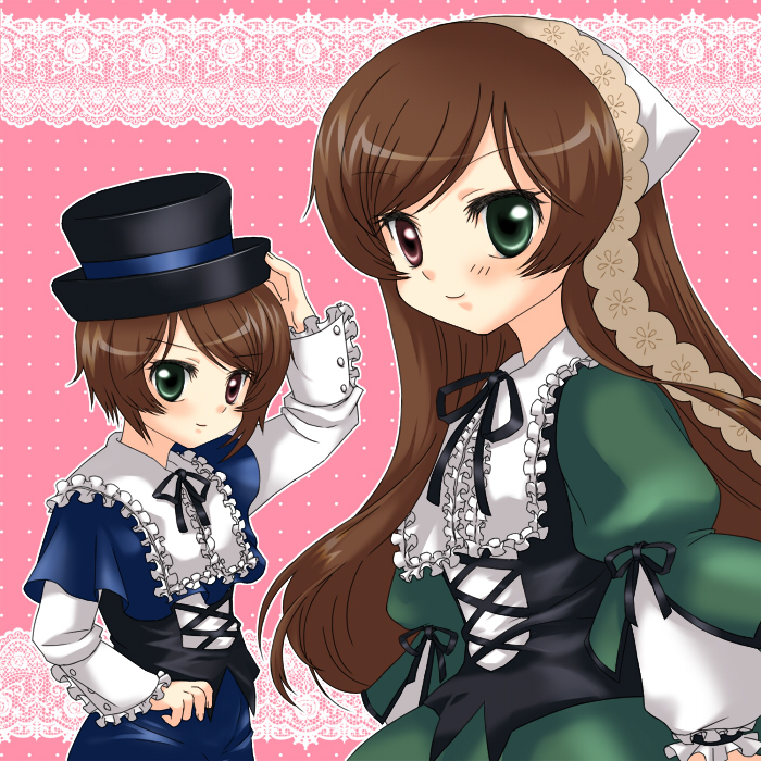 roko0521, souseiseki, suiseiseki, rozen maiden, 00s, 2girls, brown hair, green eyes, hat, headscarf, heterochromia, long hair, multiple girls, red eyes, short hair, siblings, sisters, twins, white headscarf
