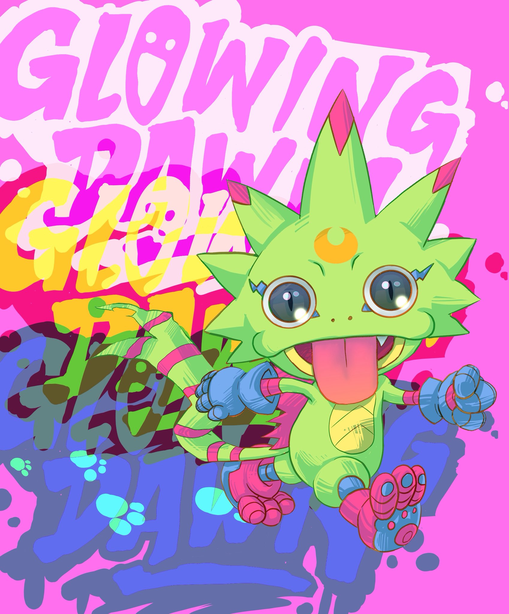 gekkomon, digimon, digimon beatbreak, artist request, highres, blue gloves, clenched hands, digimon (creature), fang, full body, gloves, looking at viewer, pink background, psychedelic, simple background, title, tongue, tongue out, transparent background, walking